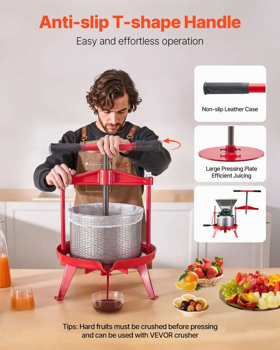 VEVOR Pressa Manuale per Vino di Frutta Cesto in Acciaio Inox 9L con Manico, Spremiagrumi Manuale per Bevande Alcoliche Pressa per Sidro, Mela, UVA, Tintura, Miele, Olio d'Oliva Cucina, Casa