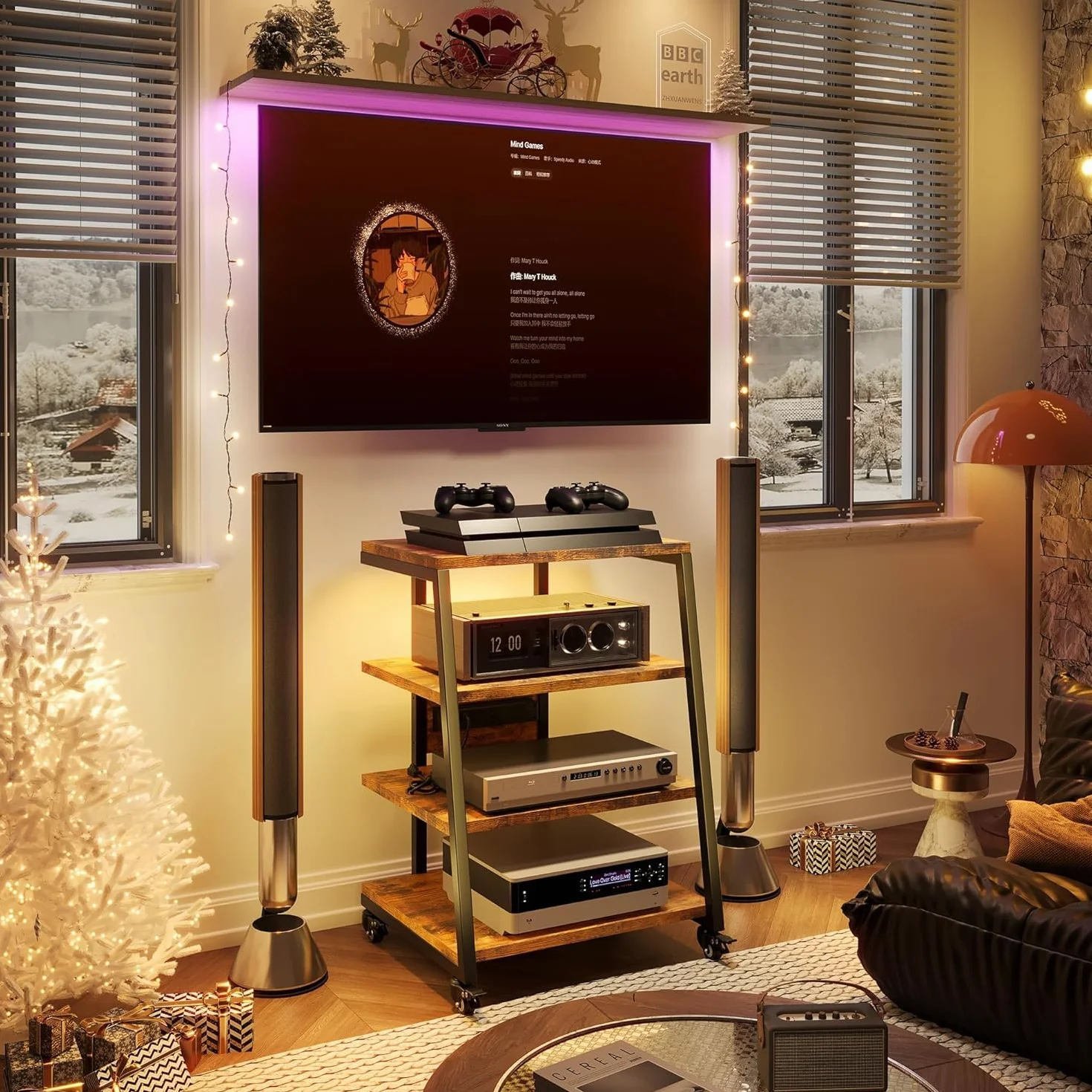 Mobile HIFI con ruote, Mobile Giradischi con 4 Ripiani e luce a LED, Supporto HIFI di altezza regolabile per Amplificatore/DVD Player/Sky Box