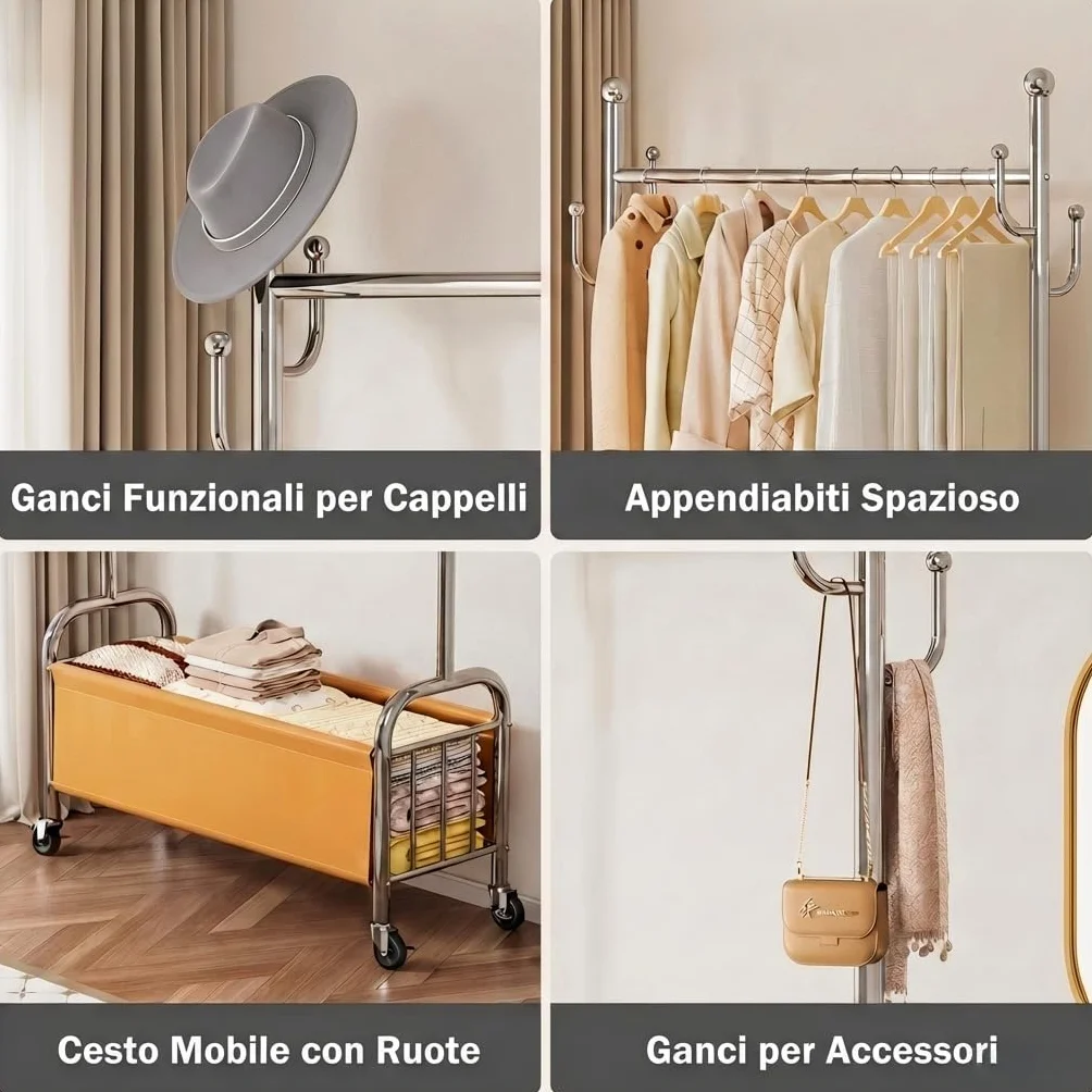 Appendiabiti da Terra in Acciaio Inox con Ruote, 3 in 1, Portata 115 kg
