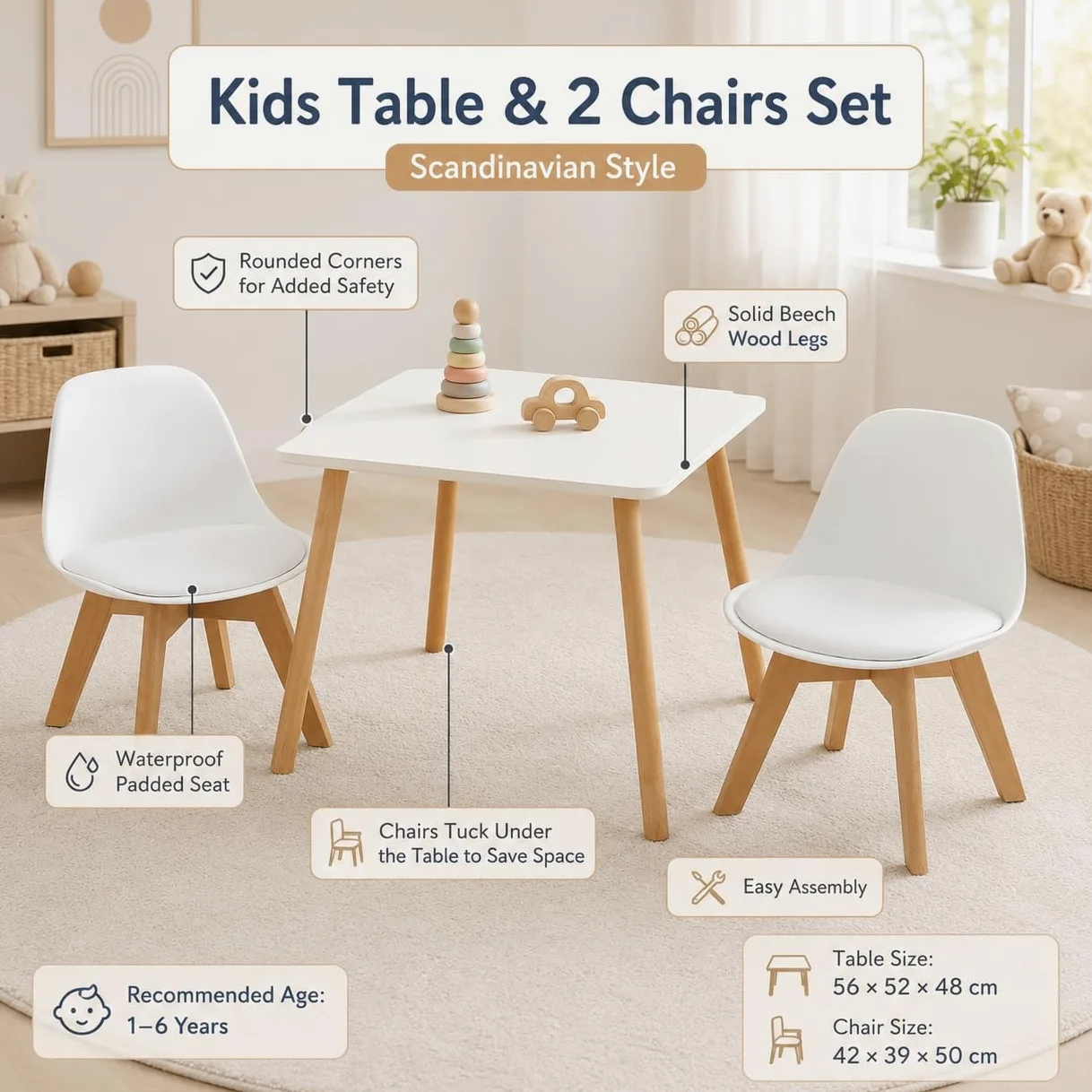 EGGREE Set di 2 Sedie per Bambini con Gambe in Legno, Sedia Piccola in PP+PU con Schienale per Cameretta per Bambini, Sedia da scrivania per Bambini,bianco