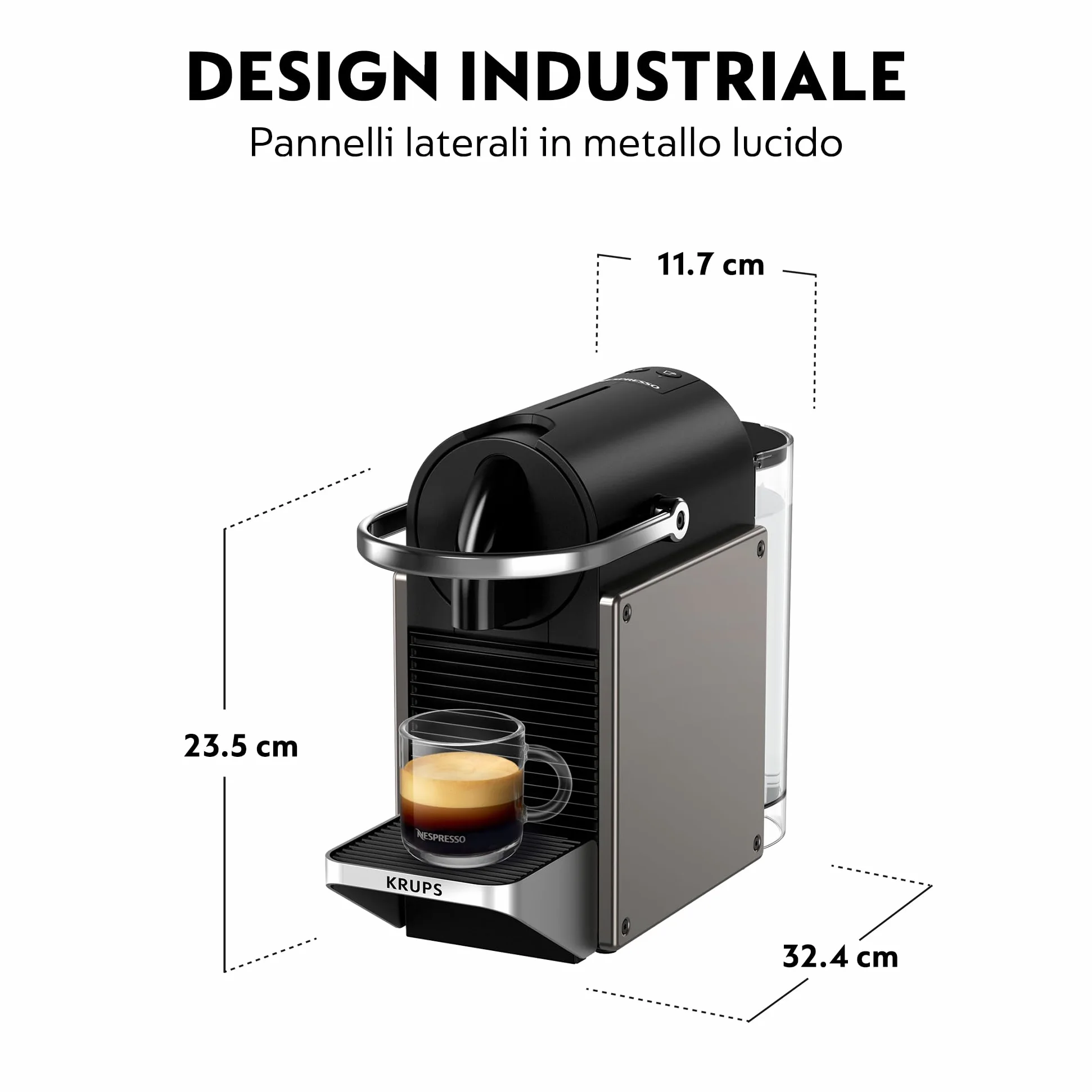 Krups XN306TK Nespresso Pixie Titan, Macchina per caffè Espresso, Ricette Programmabili, 2 Lunghezze, Spegnimento Automatico, 1260 W, 0.7 Litri