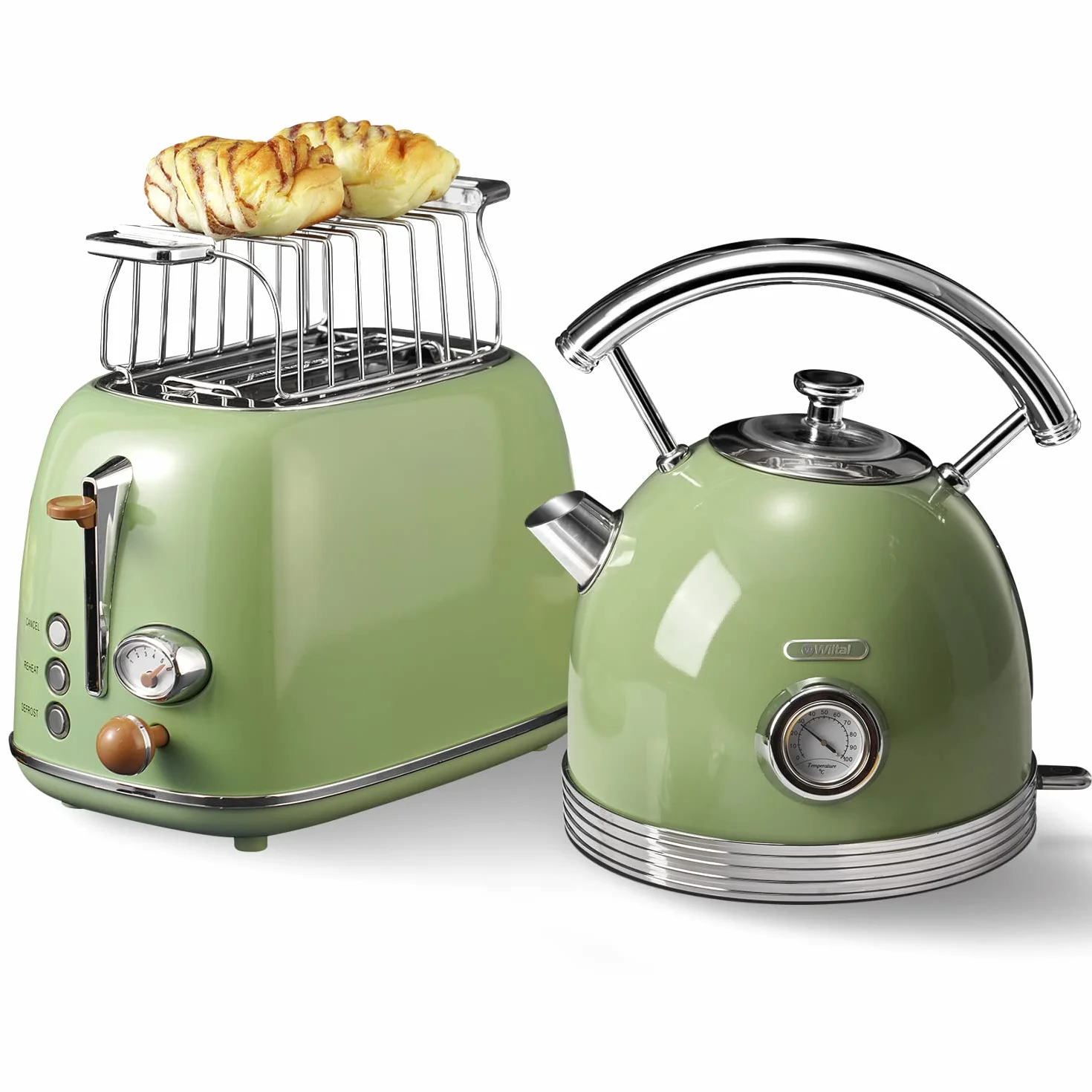 Wiltal Set di bollitore per tostapane per la colazione, bollitore in acciaio inox, 2200 W, riscaldamento rapido, tostapane con inserto per panini per riscaldare tutti i tipi di pane, verde retrò…