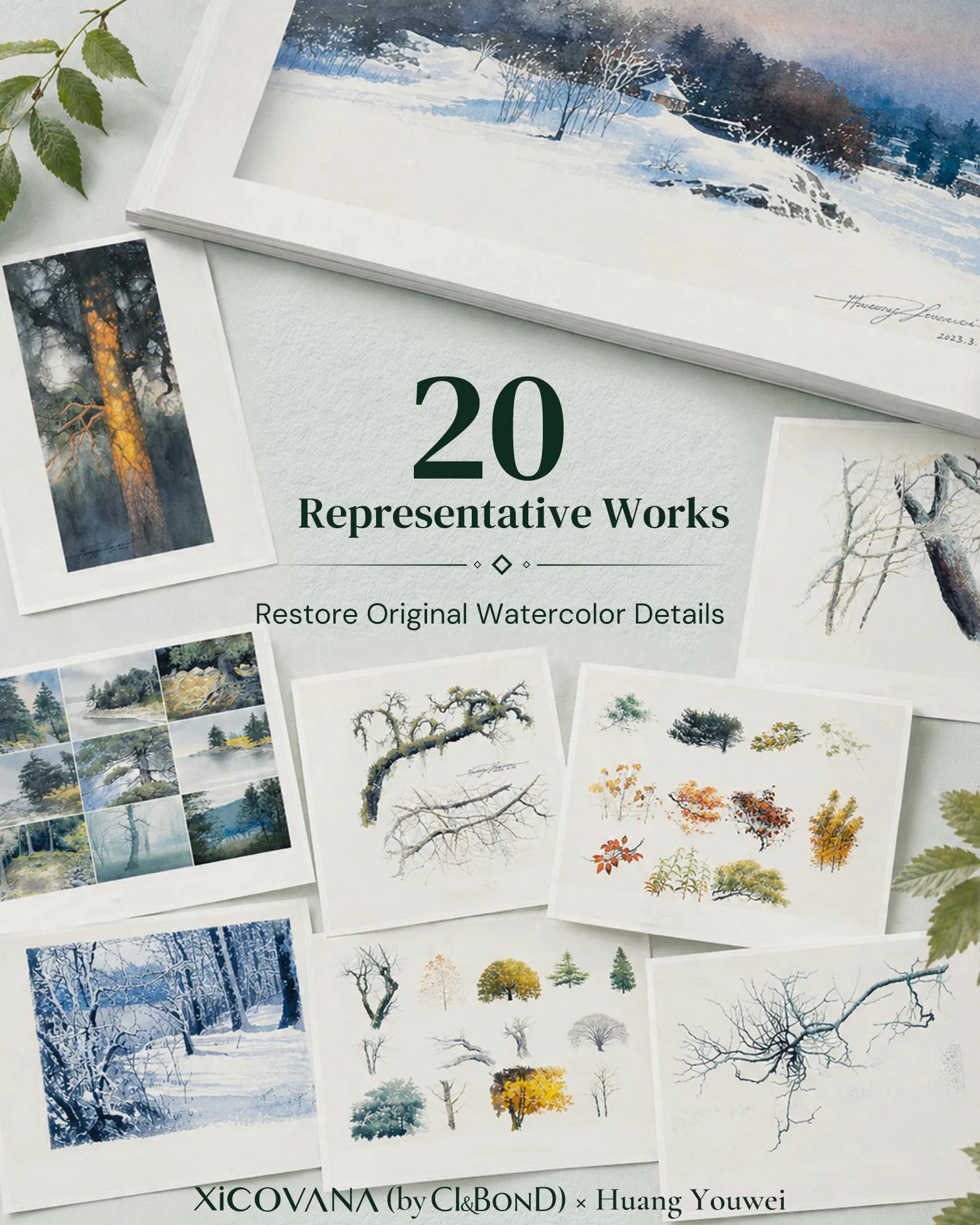 XiCOVANA Huang Youwei Tree Series - Set di fotocopie ad acquerello, riproduzione autorizzata dall'artista, 20 fogli di carta artistica di alta qualità, confezione regalo in velluto per tracciare