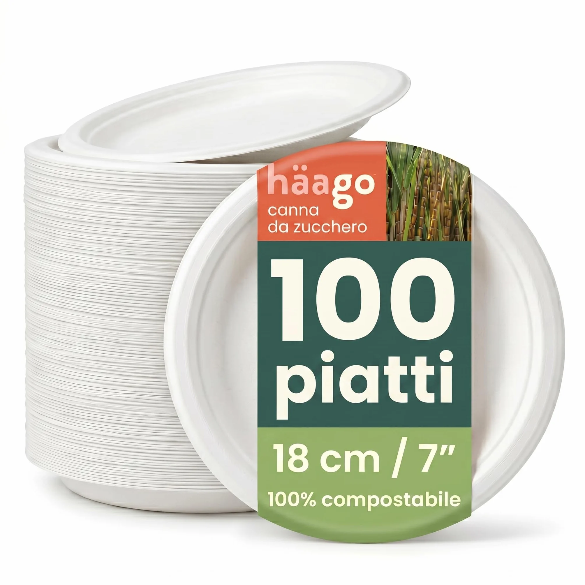 HAAGO Piatti Compostabili in Canna da Zucchero 18 cm 7" - Piattini Dessert Usa e Getta Resistenti Antigrasso
