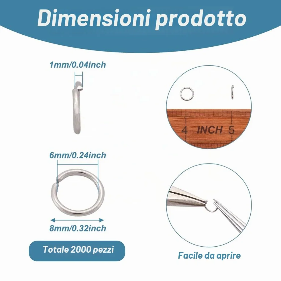 Craftdady, 2000 anelli aperti in acciaio inossidabile, 8 mm rotondi, 1 mm di spessore, piccoli connettori per la creazione di gioielli