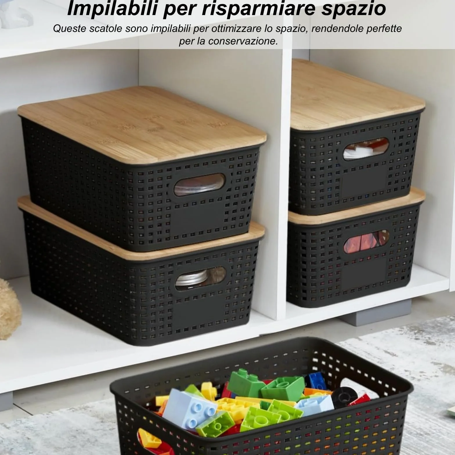 Plastica Scatola di Conservazione Impilabile con Copertura in Bambù Set da 6 Nero