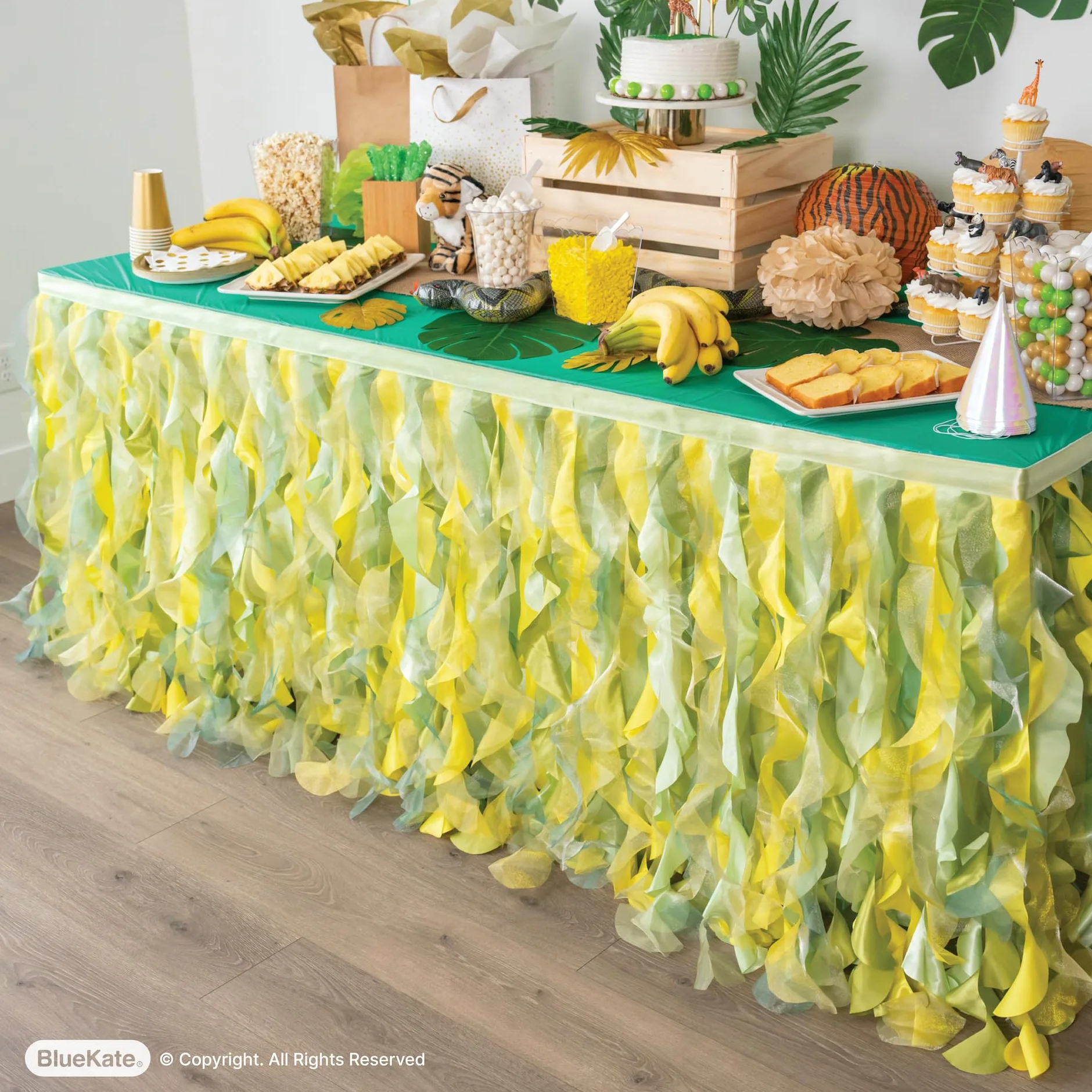 Eaasok BLUEKATE Lemon Green Table Skirt. 6ft Table Skirt with Double Layer Organza! Jungle Theme Decorations, Birthday, Tropical Party Decorations. Tutu Table Skirts for Rectangle Tables 6ft