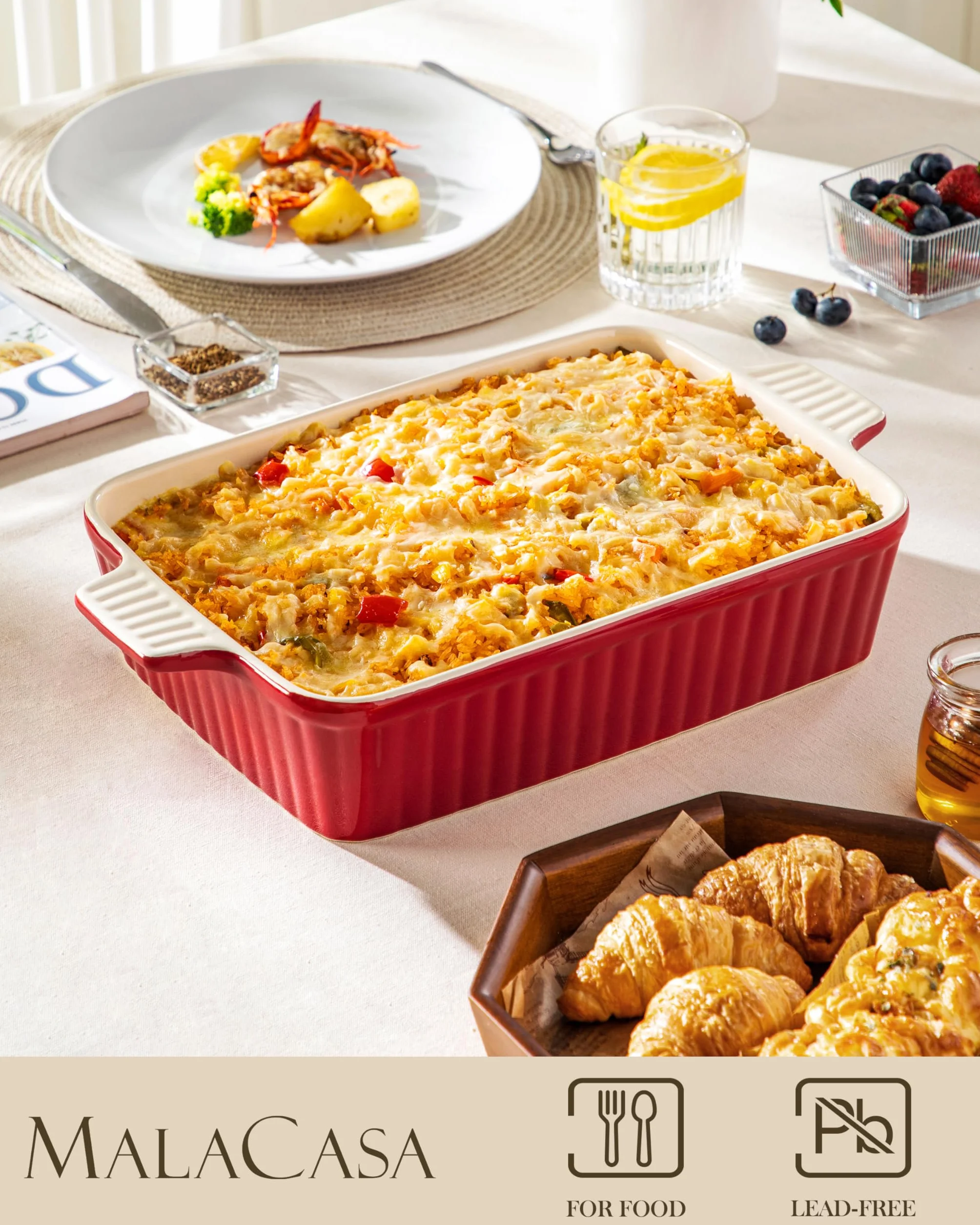 MALACASA Serie BAKE, Teglia Rettangolare in Porcellana da 4200 ml, Grande Teglia con Manici per Gratin e Casseruole, Lavabile in Lavastoviglie, Rosso