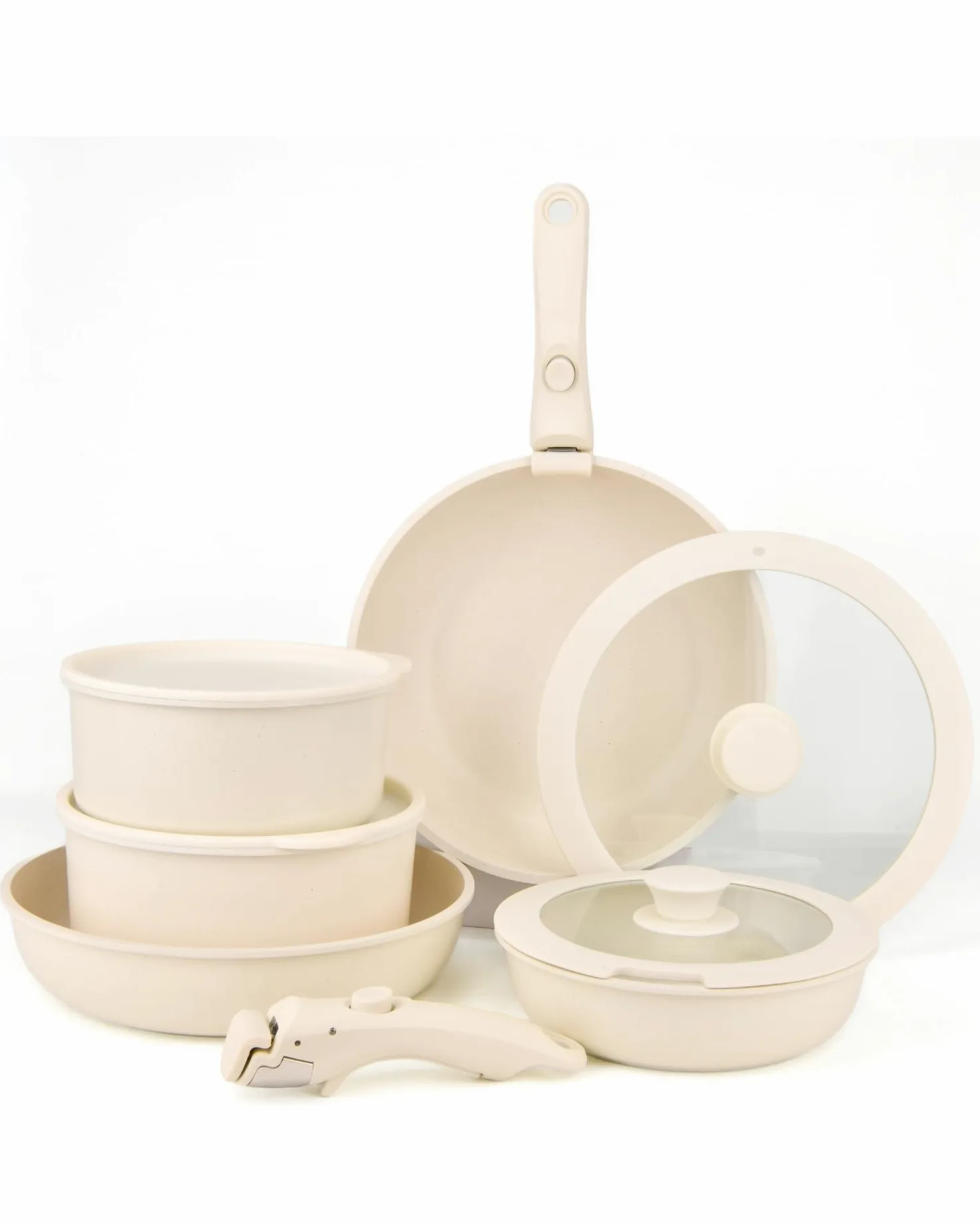BAVARY Set Pentole Induzione 11 Pezzi - Batteria Pentole Antiaderente, Manico Rimovibile - Set Di Pentole Impilabile, Lavabile In Lavastoviglie, Tutti I Piani Cottura, Cucina Completa, Crema/Beige