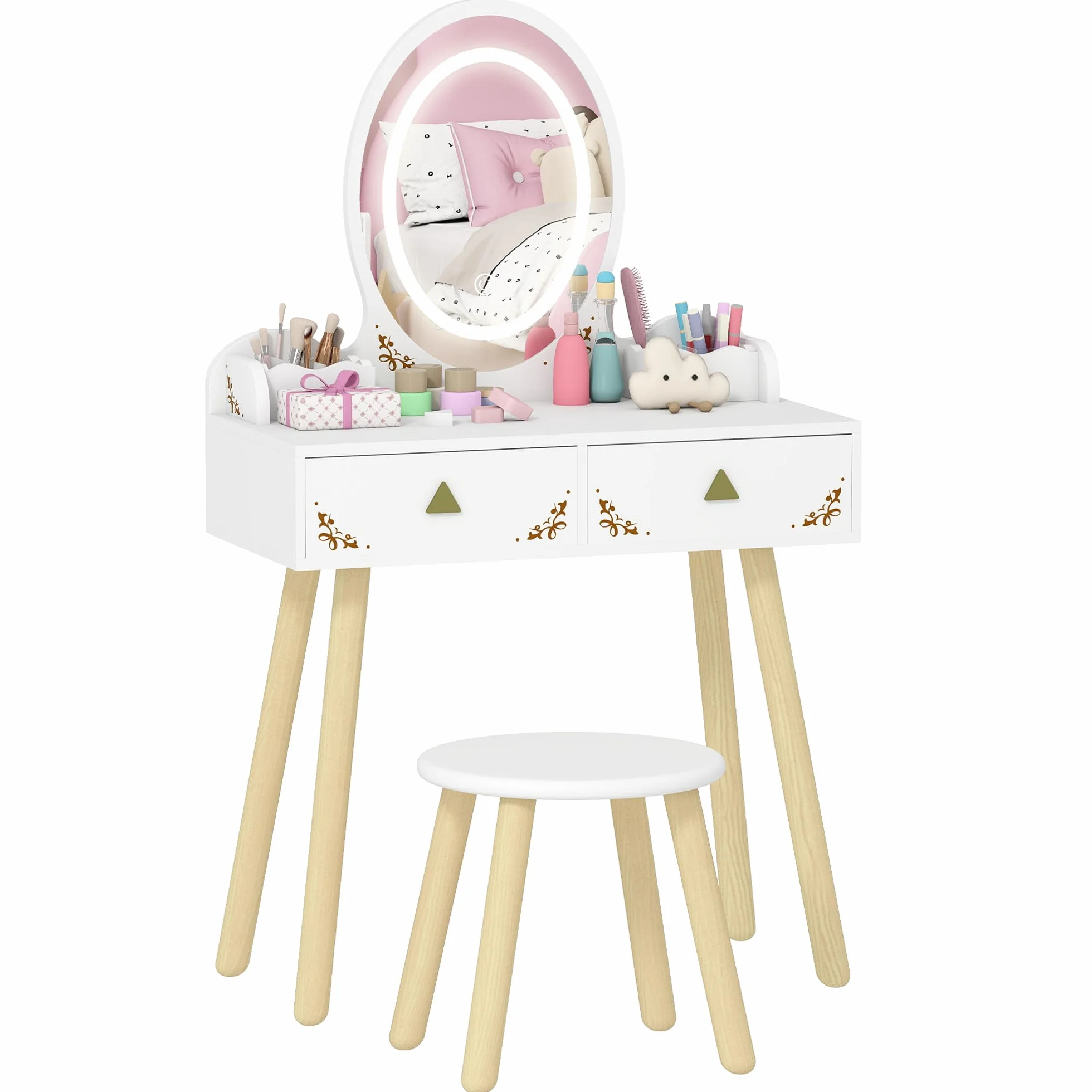 AIYAPLAY Set Toeletta 2 in 1 con Specchio Illuminato e Sgabello, Tavolo da Trucco con Luce LED a 3 Colori, 2 Cassetti e 2 Scatole in Legno, Tavolino per Bambini da 3+ Anni, Bianco