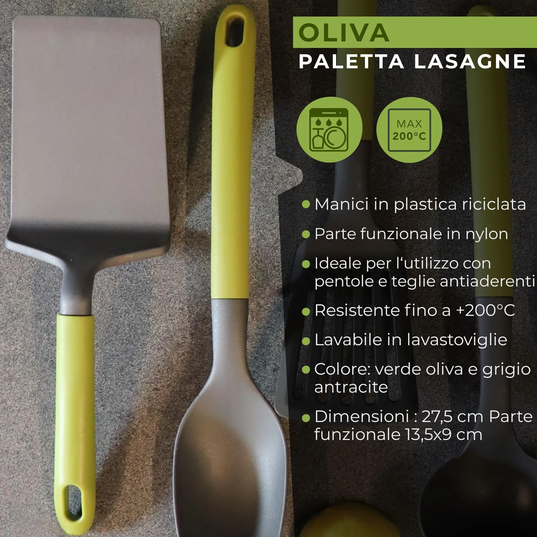 Fackelmann Paletta lasagne con manico in plastica riciclata, nylon resistente alte temperature