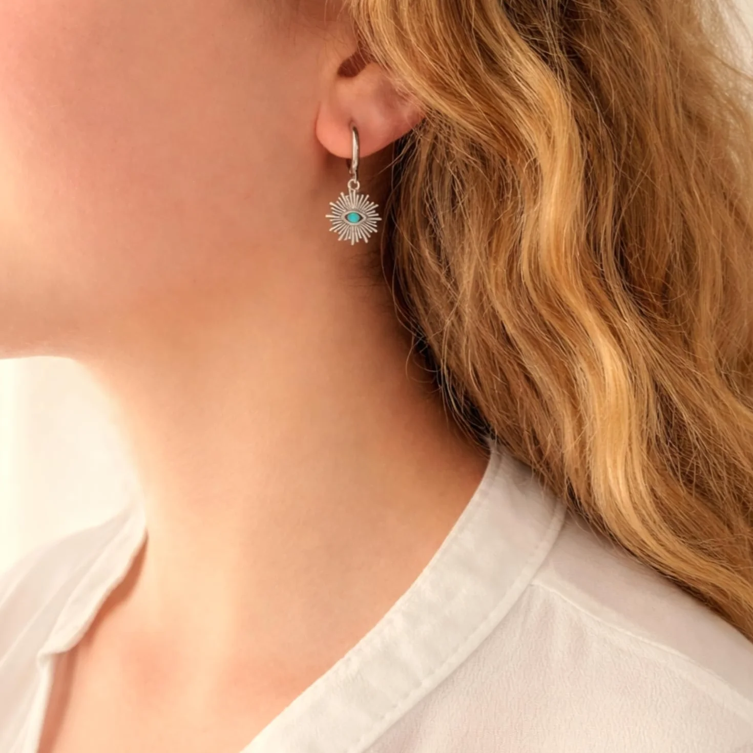 Orecchini Donna Cerchio Piccolo Placcati Platino Ciondolo Sole Etnico Fiore del Sole Argento Antico con Pietra Turchese Amuleto Protezione ASTER ALHELÍ