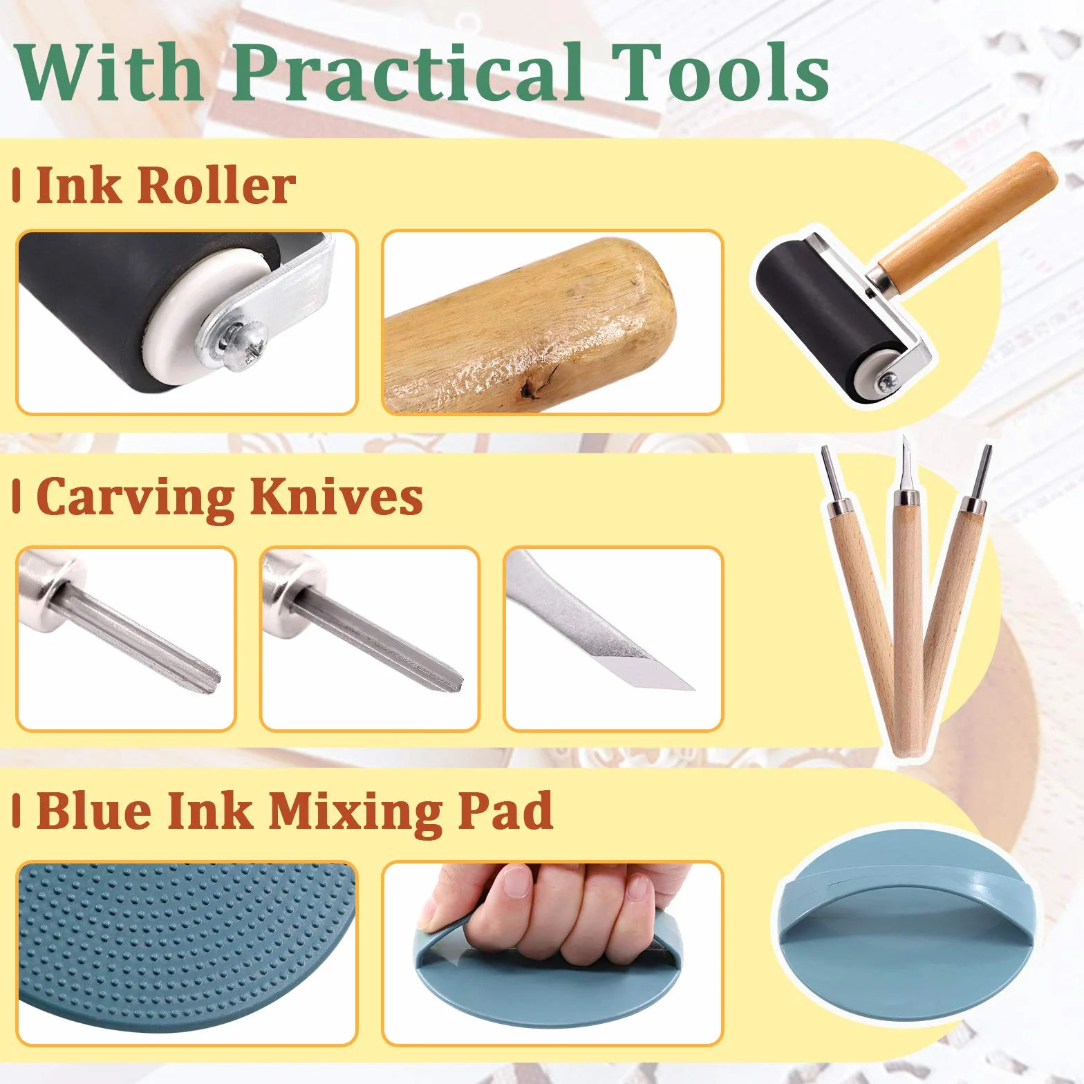 Keadic Kit di 41 timbri in gomma, include 2 timbri in gomma, 3 strumenti per intaglio e pietra per affilare, carte da ricalco, rullo Brayer, strumenti di stampa per incidere e stampare timbri