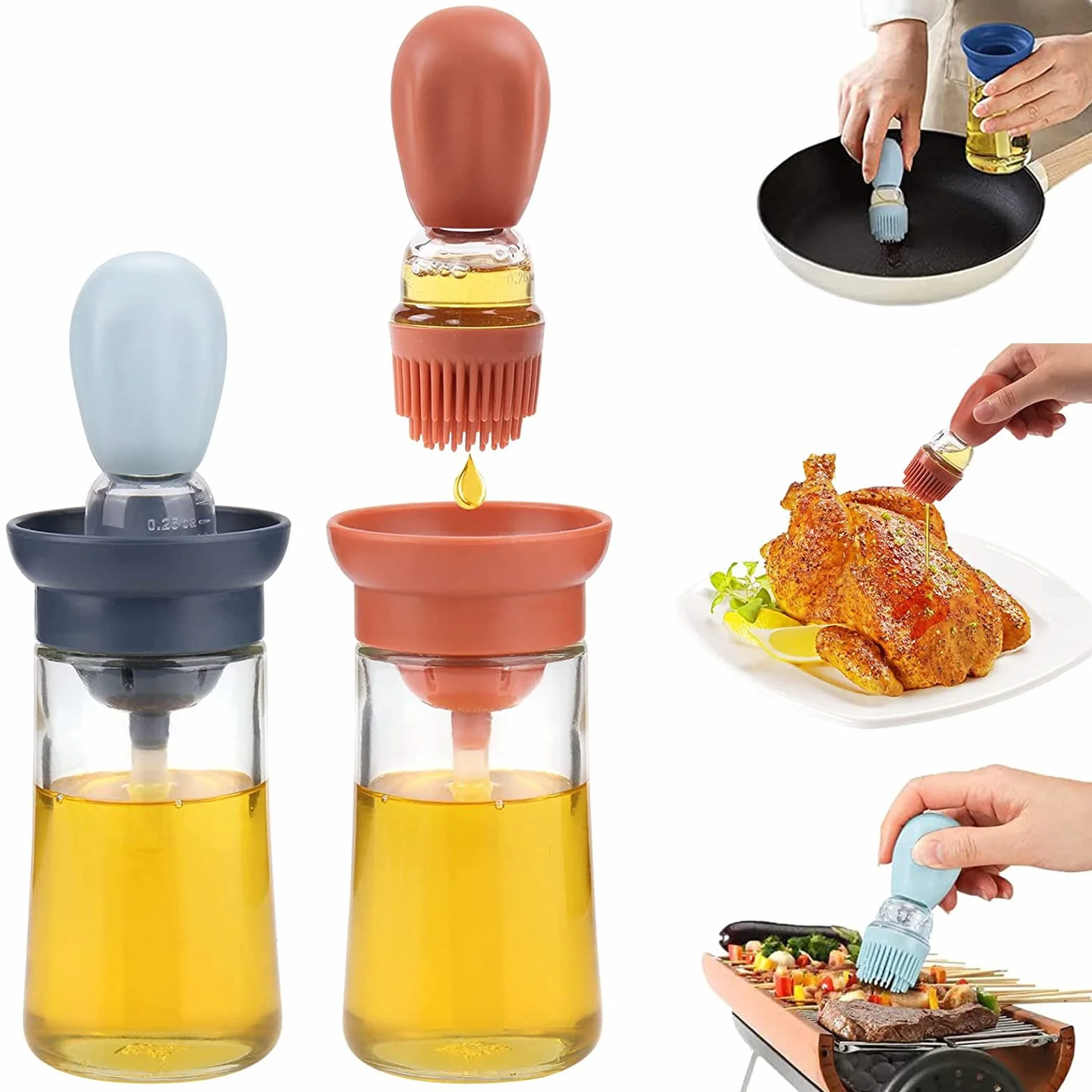 2pcs Bottiglia di Olio con Pennello in Silicone,180ml 2 in 1 Bottiglia di Erogatore di Olio con Spazzola Distributore di Olio in Vetro per Cucina Barbecue Pasticceria (blu+rosso)