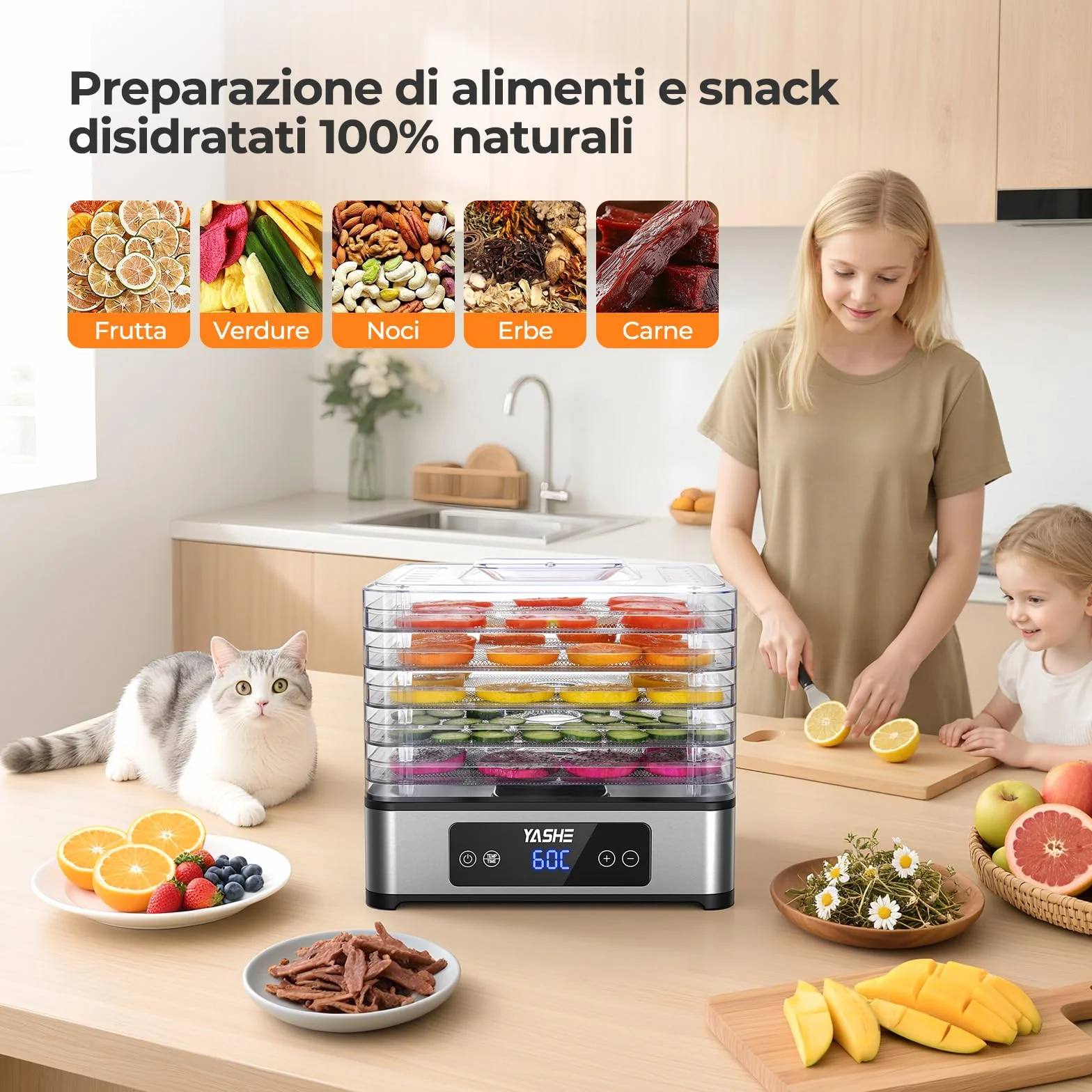 YASHE Essiccatore Alimentare, 5 Vassoi in Acciaio Inox, Timer e Temperatura Regolabili, Flusso d’Aria a 360°, Senza BPA, 400W Essiccatore Frutta e Verdura, Carne, Erbe, Snack per Cani