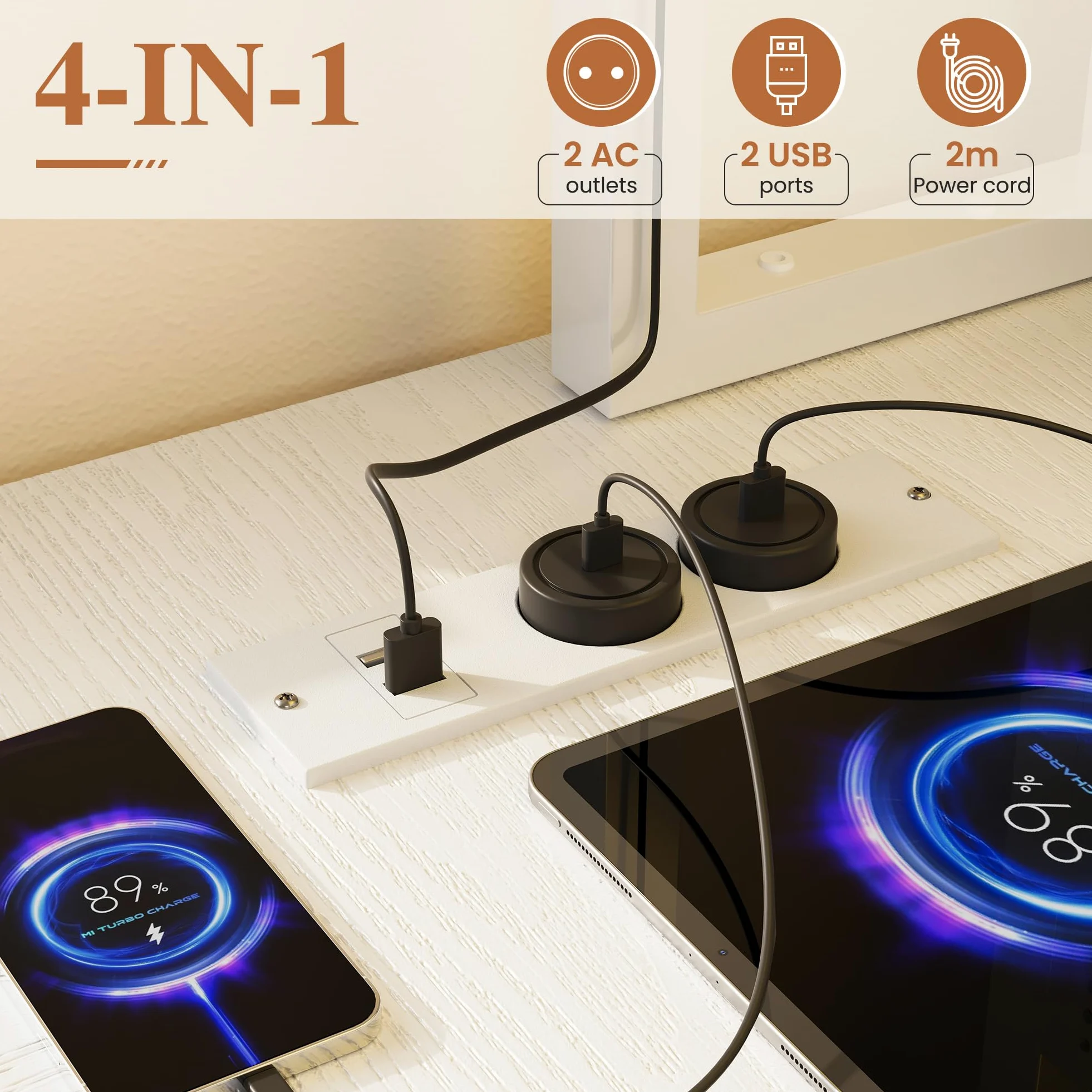 YOUDENOVA Scrivania Angolo a L Reversibile Scrivania Gaming con Pannello Forato e Mensola, Tavolo da Lavoro con LED, Presa e USB, 3 Cassetti per Working e Videogiochi 135x100 cm Bianco