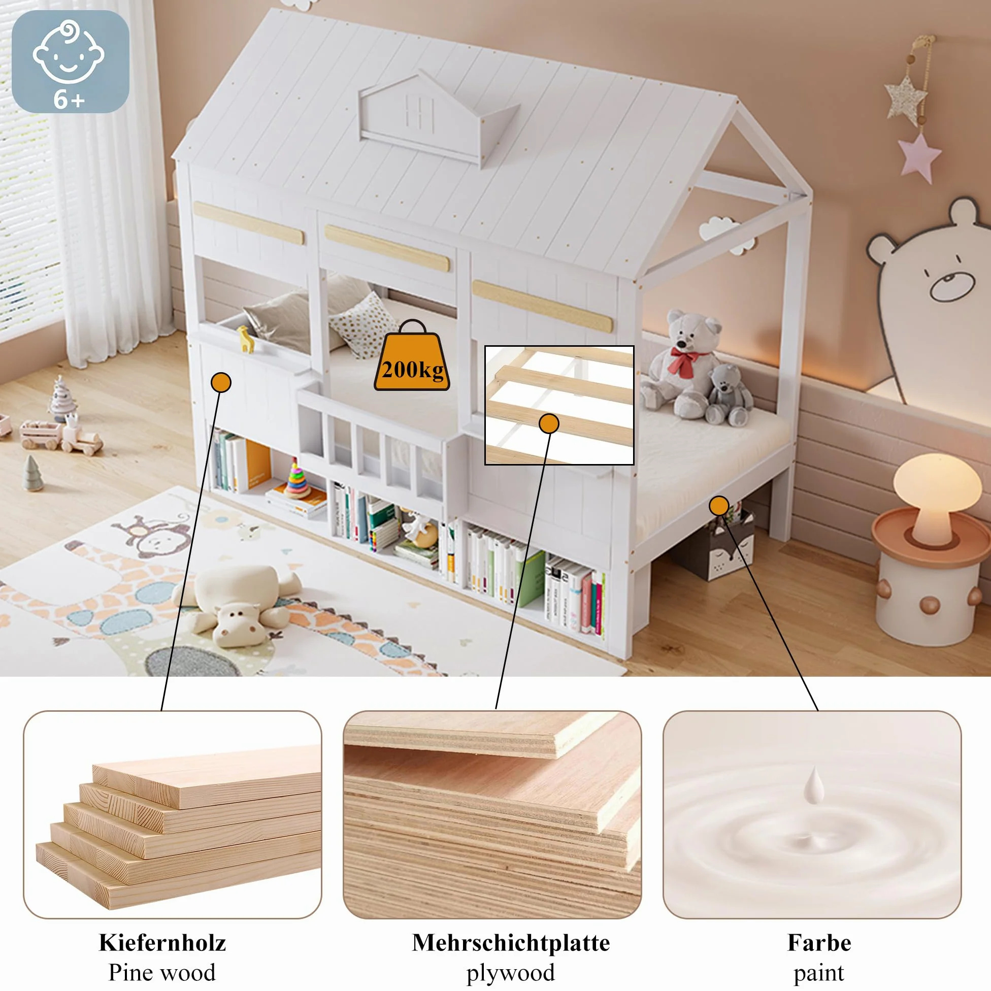 Letto Casetta per Bambini 90x200cm con Libreria e Finestre, Strutture letto in Legno di Pino, Rete a doghe(Nessun materasso