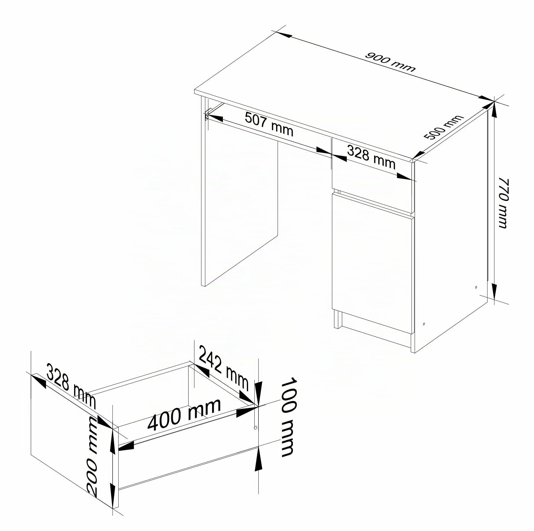 Tavolo per computer, tavolo da ufficio, con 1 cassetto, 2 ripiani e un ripiano estraibile per tastiera, 90 x 50 x 77 cm, piano in laminato resistente all'abrasione con bordo ABS, bianco, destro