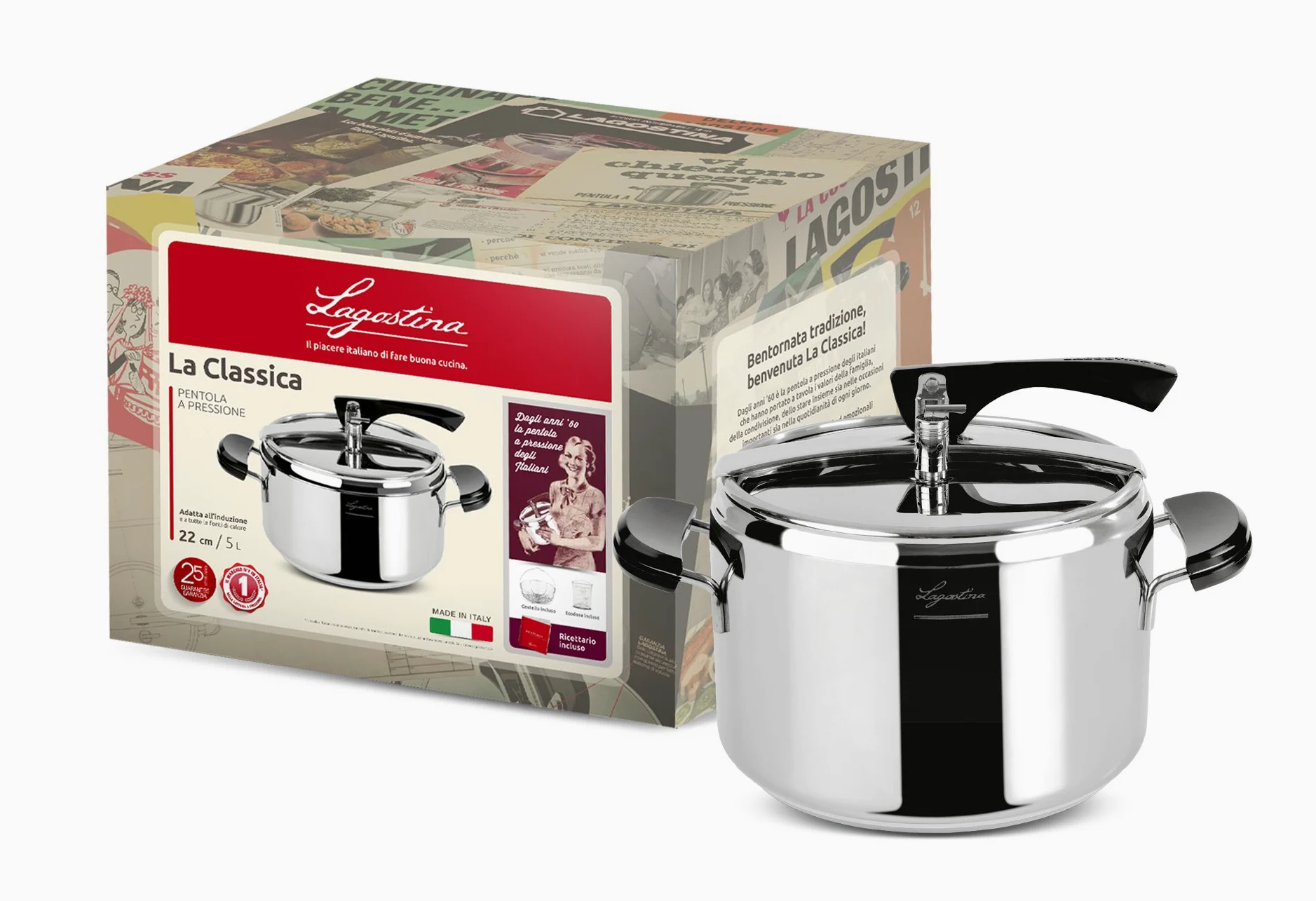 Lagostina La Classica Pentola a Pressione con Cestello ed Ecodose, Ø 22 cm, 7 lt, Acciaio e Nero