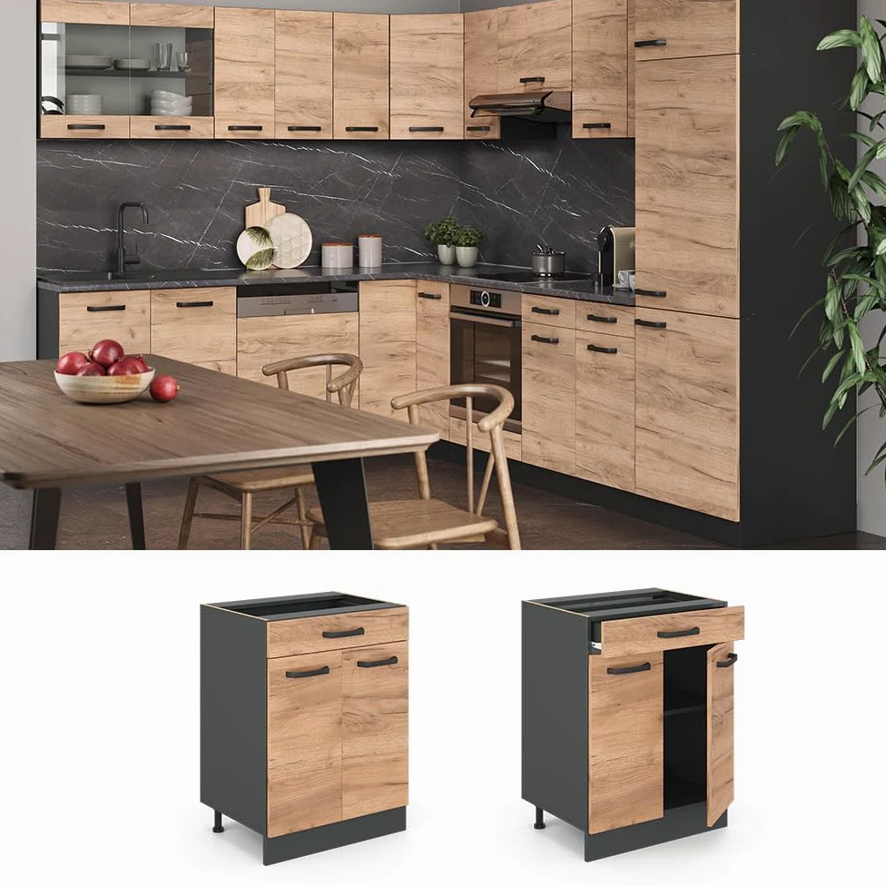 Vicco mobiletto base per cucina R-line, Quercia dorata/Antracite, 60 cm con cassetto, senza piano di lavoro