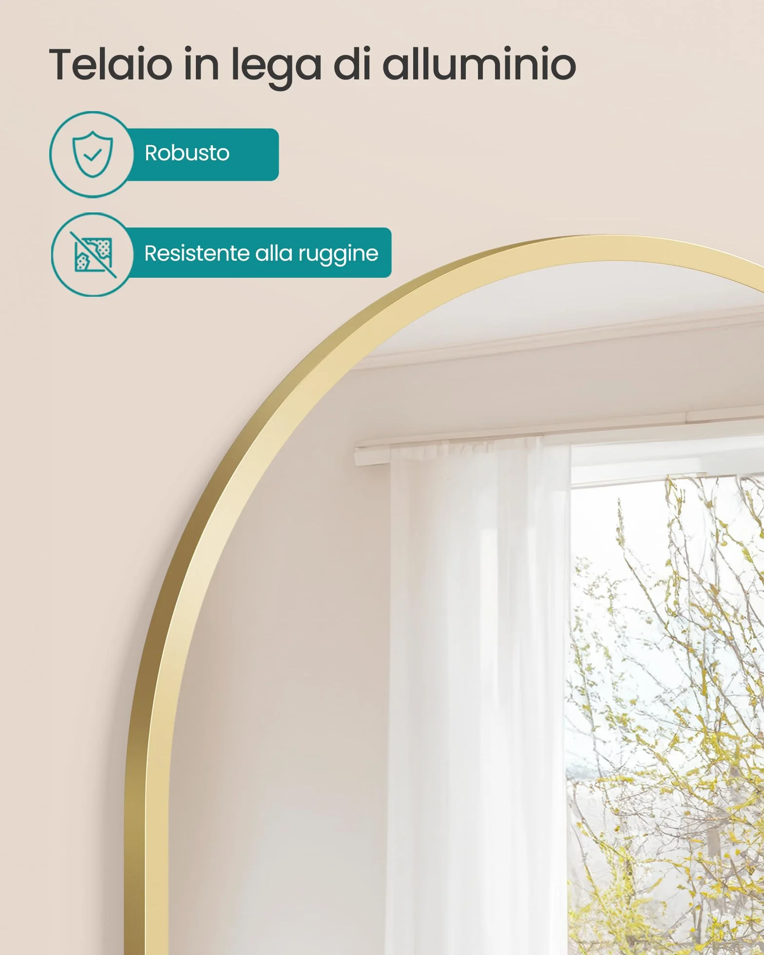 SONGMICS Specchio Bagno, Specchio da Parete, ad Arco, Cornice in Alluminio, 91 x 61 cm, Pellicola di Sicurezza, Facile da Montare, Soggiorno Camera da Letto, Oro Pallido LWM011AB01