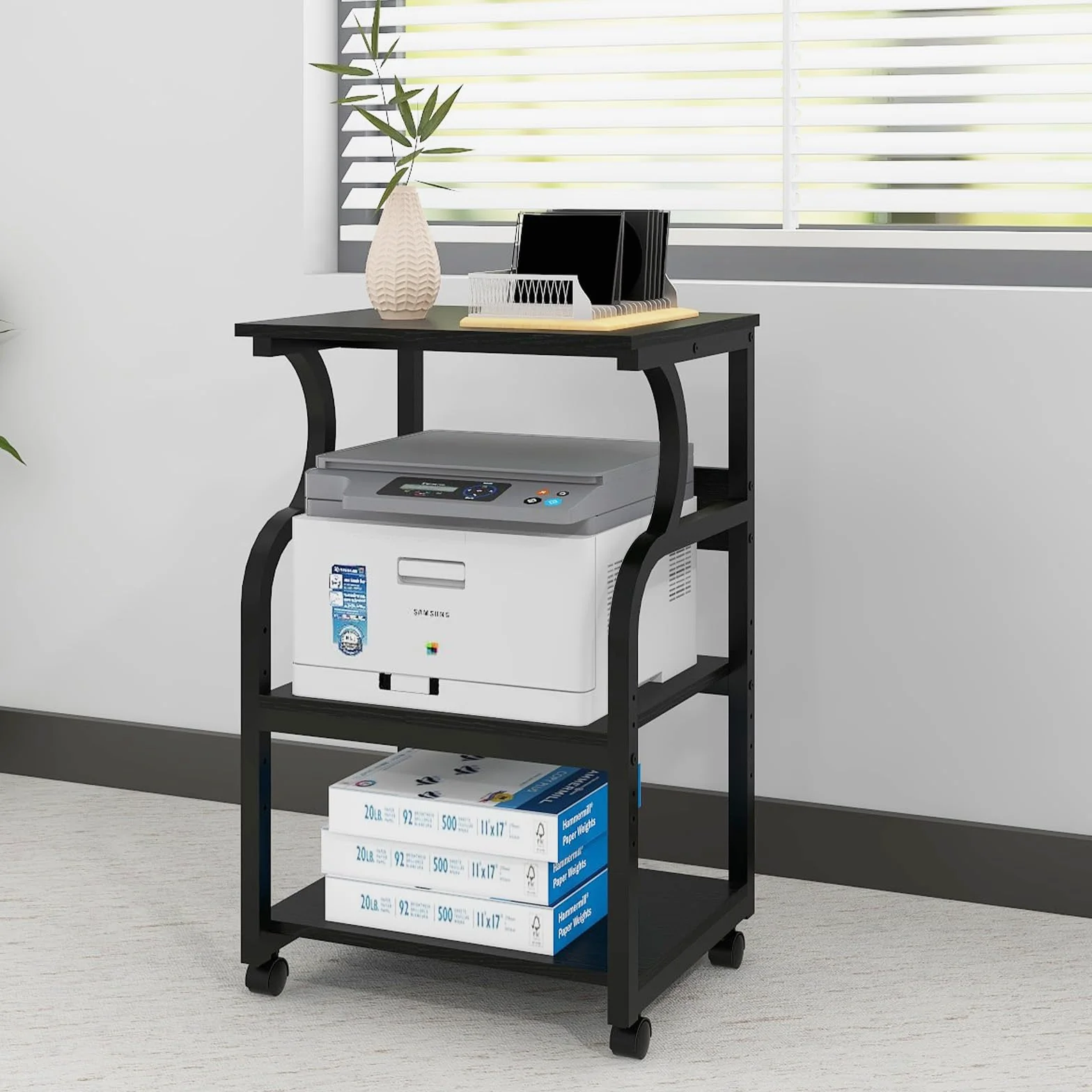 PUNCIA Grande supporto per stampante, 50 x 40 x 73 cm, con ripiano regolabile, carrello a 3 livelli con ruote per organizzazione di casa e ufficio, ripiani multifunzione per pressa a caldo, stampante