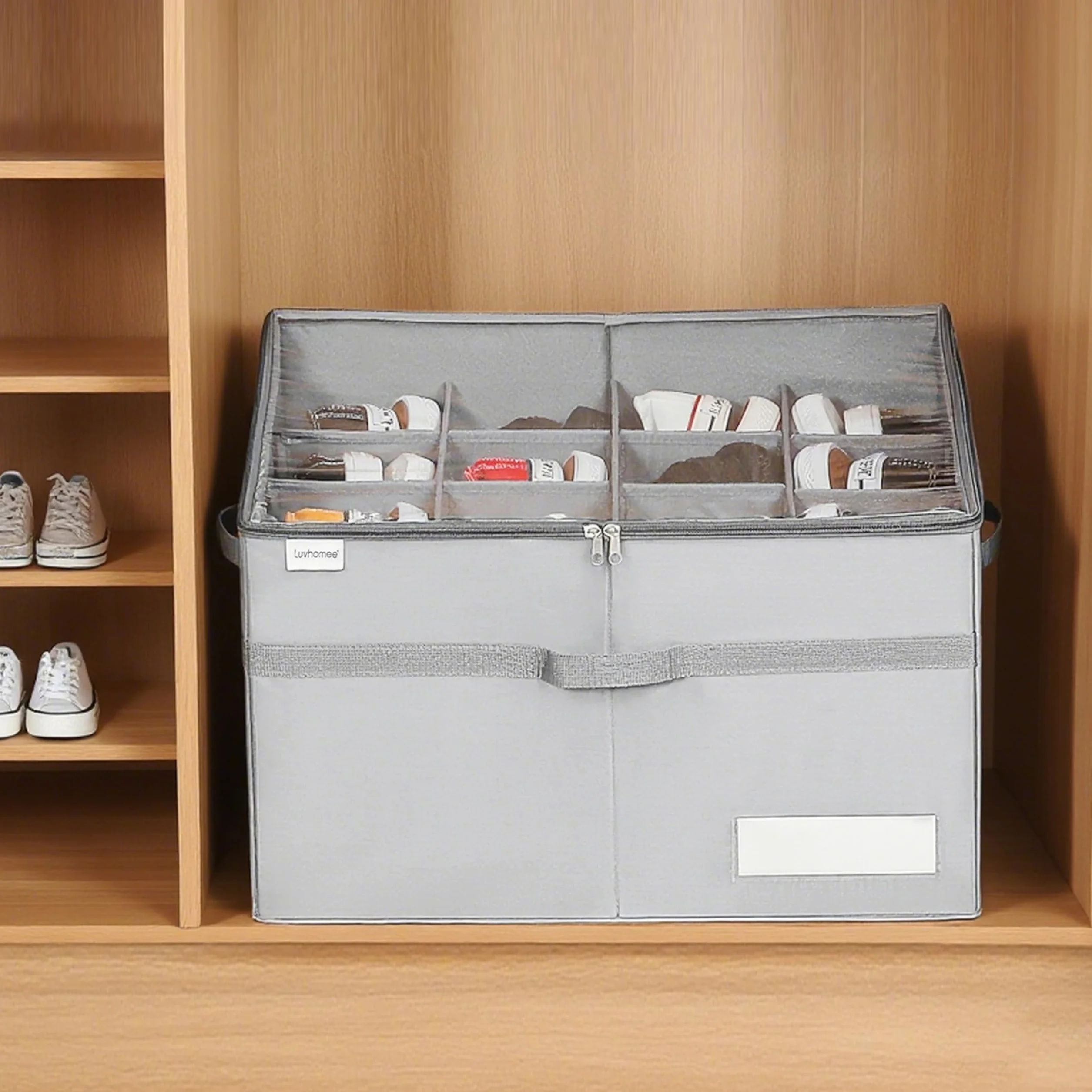 Organizer Scarpe Pieghevole per Armadio, Contenitore 16 Paia, Trasparente con Manici Rinforzati, Grigio