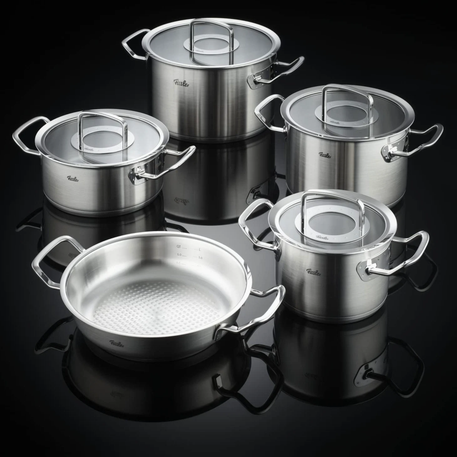 Fissler Original,Profi Collection Set di pentole in acciaio inox, 5 pezzi, pentole con coperchio in vetro 3 pentole, 1 padella e 1 padella da portata , induzione