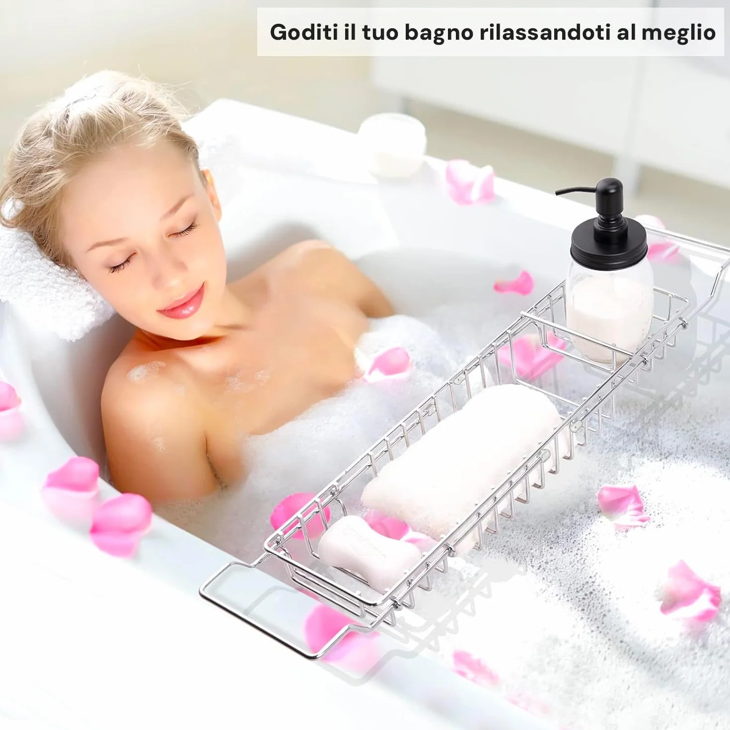 Avilia Mensola Vassoio Portaoggetti Estendibile e Adattabile per Vasca da Bagno - Realizzato in Acciaio Inox è Ideale per Momenti di Relax o Come Appoggio per Shampo, Bagnoschuima e Sapone