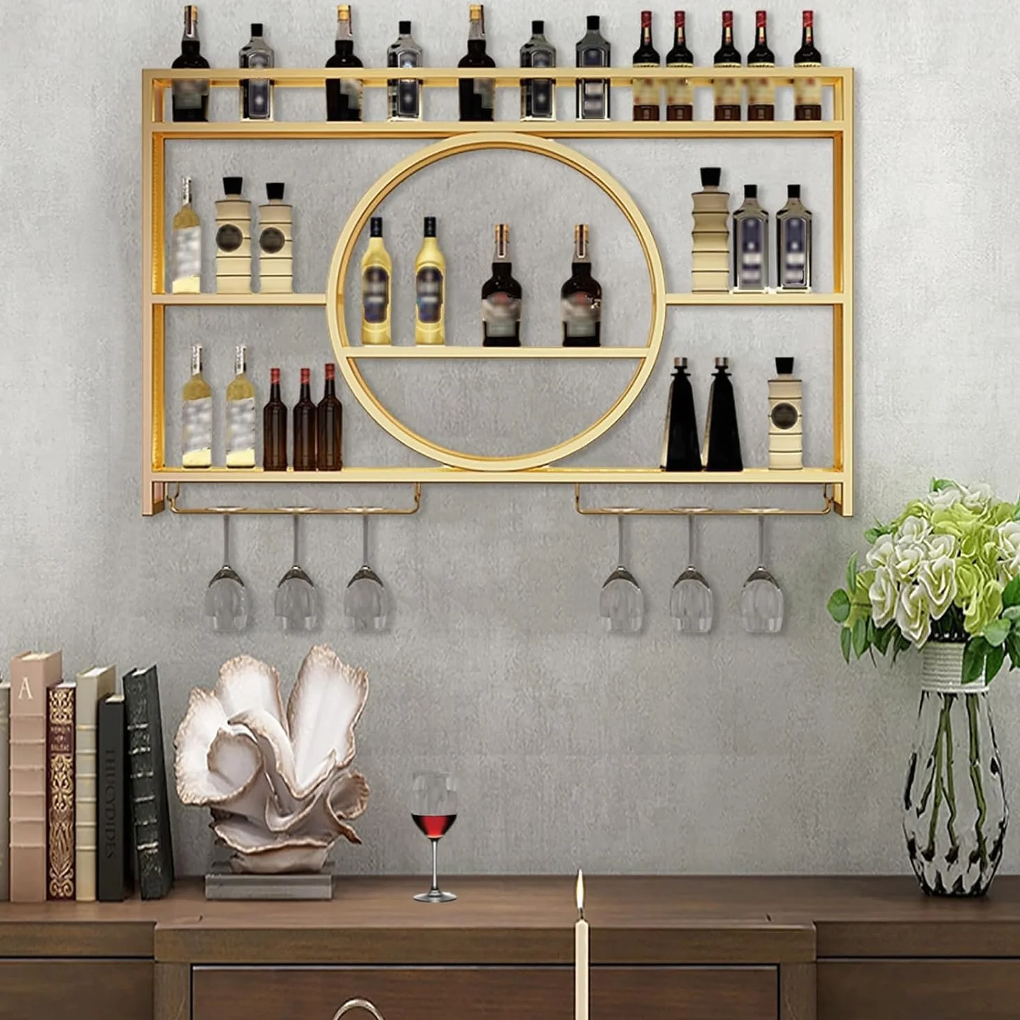 Porta Bottiglie da Parete，portabottiglie da Parete Bar Vetrina Espositore Bar Ad Angolo Cantinetta Portabottiglie in Polistirolo per Casa Bar Sala da Pranzo(Size:140 * 15 * 80cm,Color:Oro)