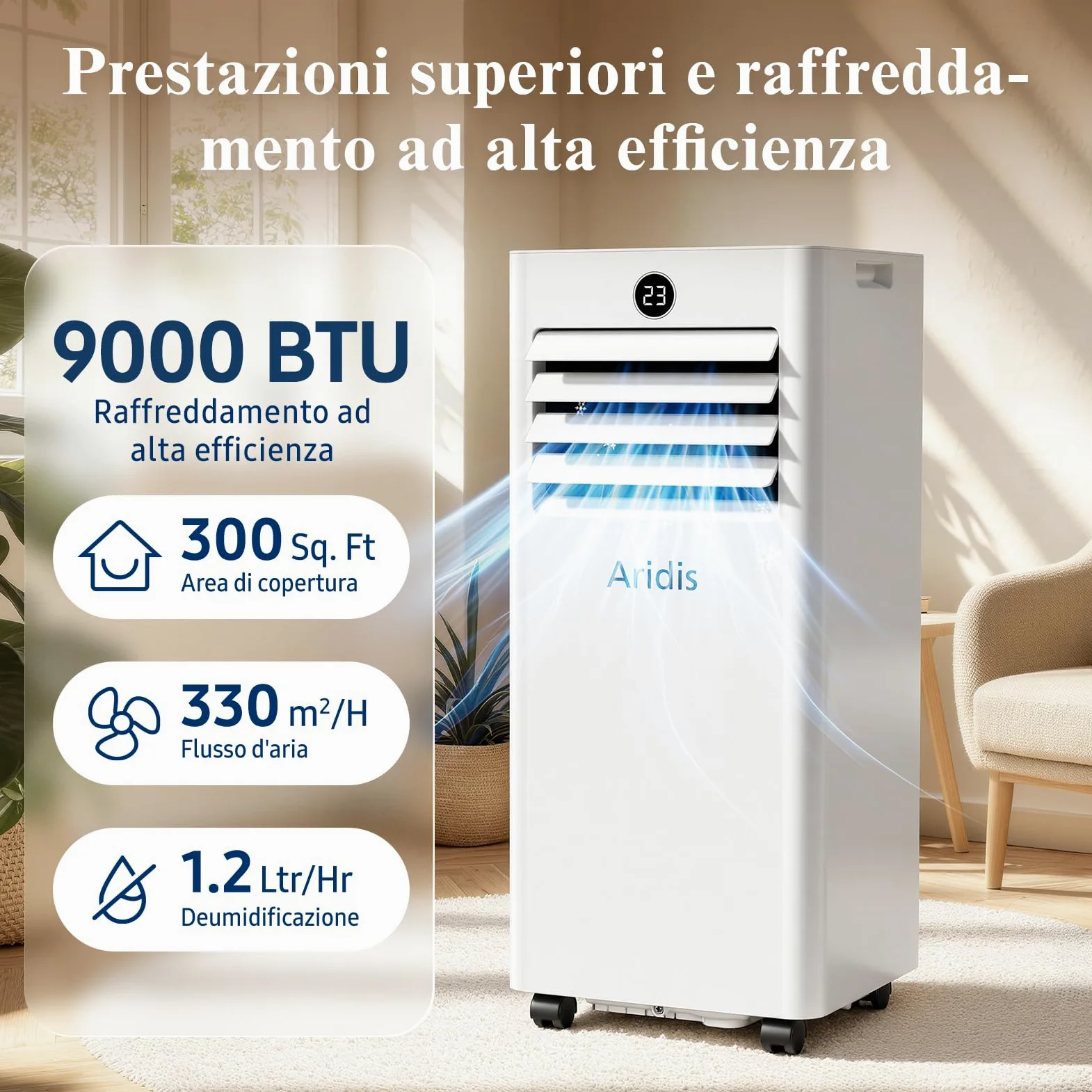 Condizionatore Portatile Climatizzatore Silenzioso - 9000BTU Climatizzatore senza Unità Esterna, Raffrescatore a Basso Consumo con Kit Finestra, Display LED, 4 Modalità, Copertura 33 m² Bianco