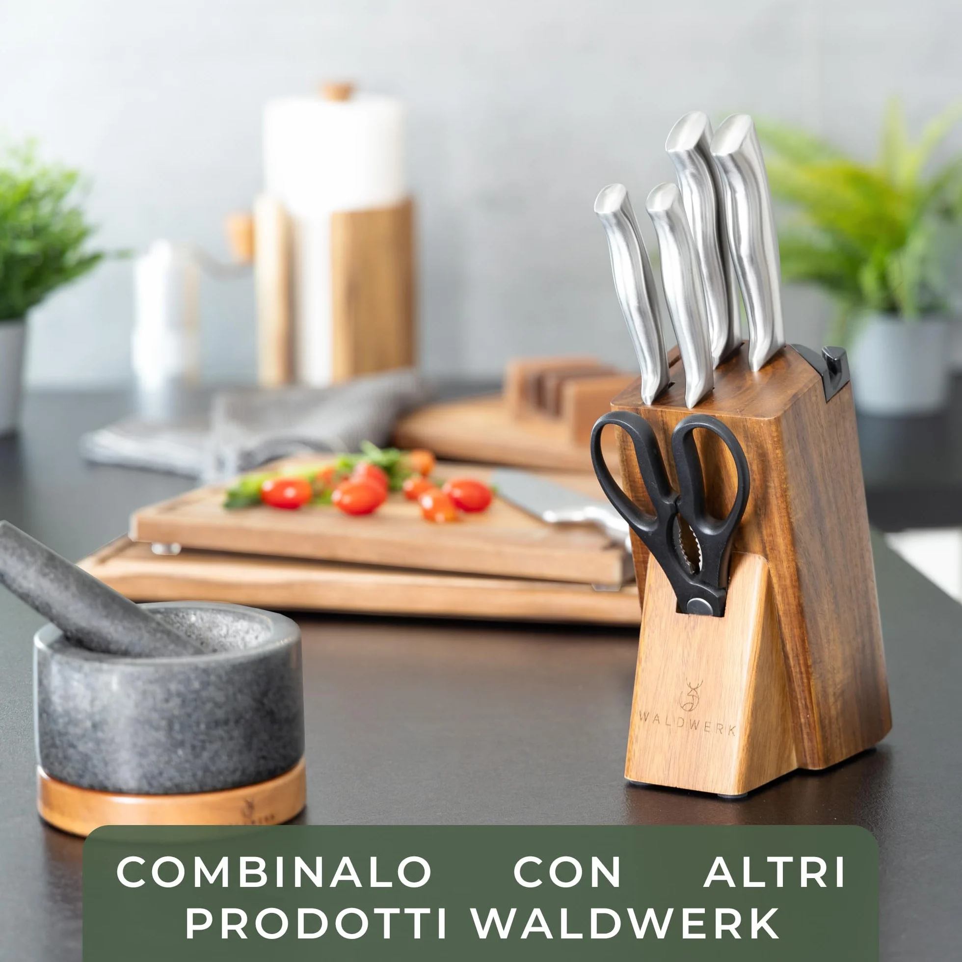 WALDWERK Blocco Coltelli - Set coltelli da cucina 7 pezzi con blocco porta coltelli e affilacoltelli integrato - ceppo coltelli da cucina - set coltelli da cucina professionali