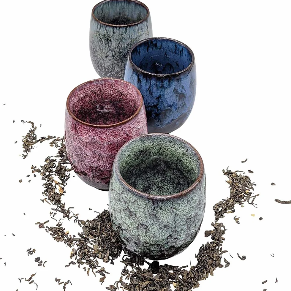 Set di tazze da tè in ceramica giapponese fatte a mano, 4 pezzi, smaltata multicolore flambed