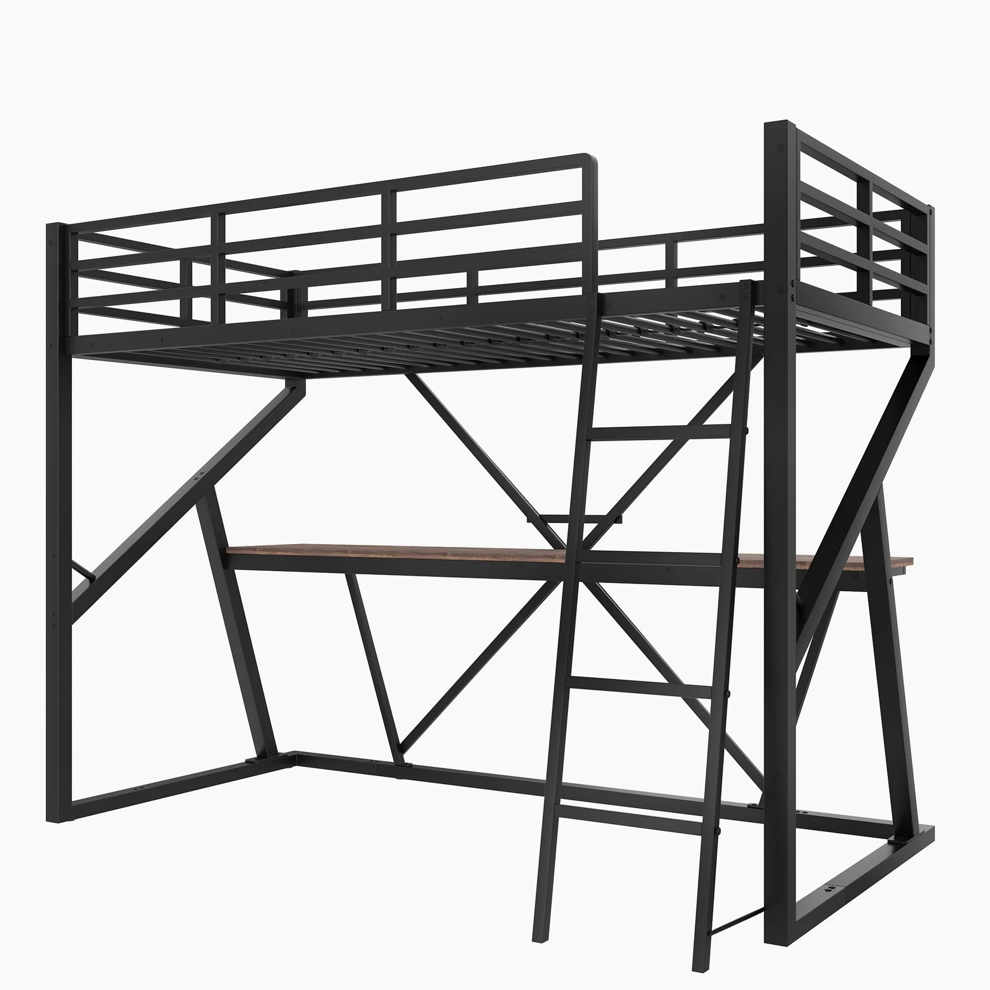 Moimhear Letto a soppalco 90 x 200 cm, telaio in ferro, striscia LED, ringhiera, scale, scrivania, senza materasso (nero)