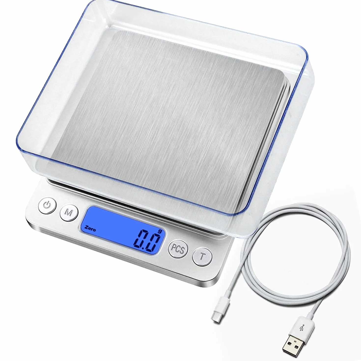 Digitale Bilancia da cucina, ricarica USB, piccola mini bilancia da 3 kg / 0,1 g, bilancia elettrica da cucina, impermeabile, ricaricabile tramite USB, in acciaio inox, per ingredienti gioielli caffè