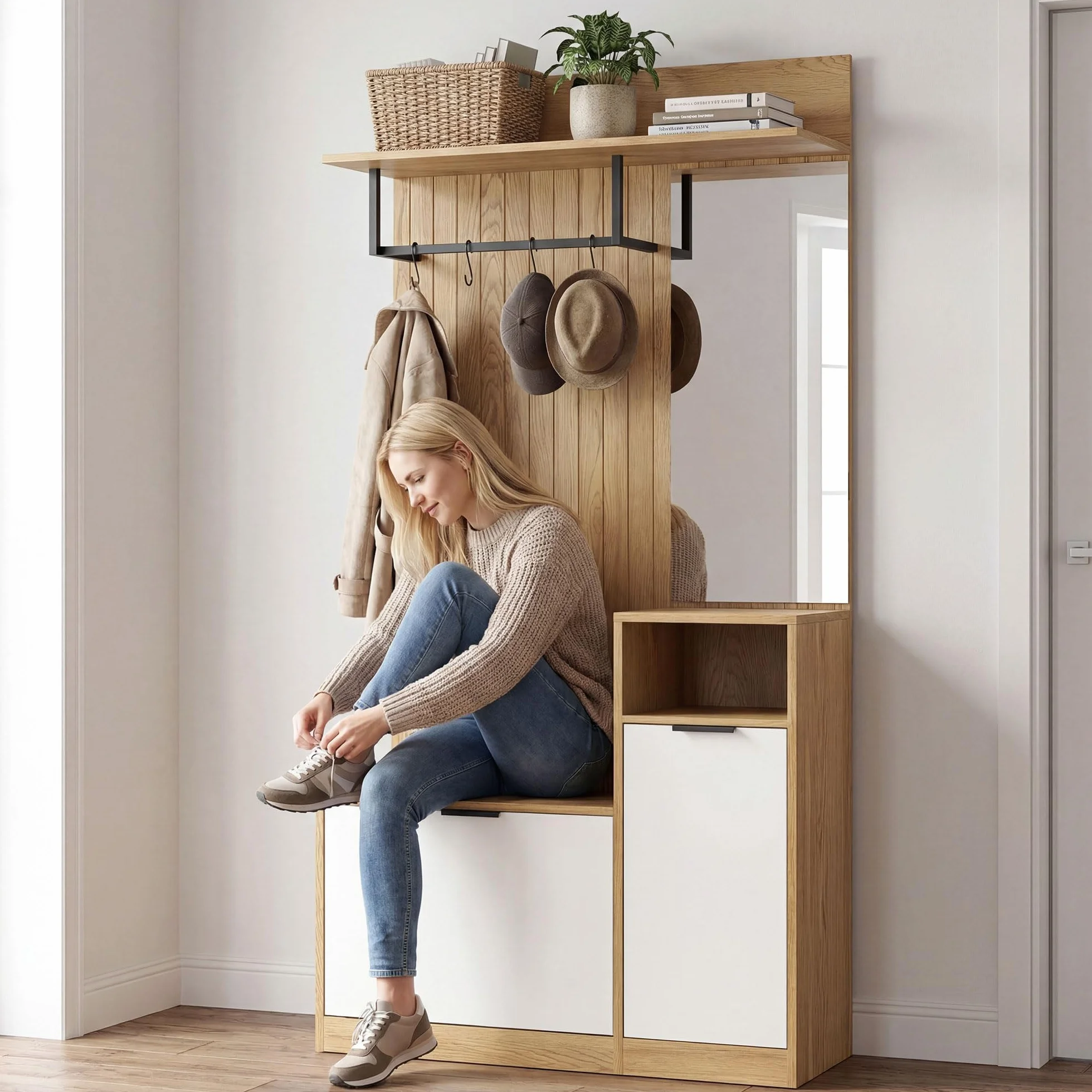 HOMCOM Appendiabiti da Ingresso con Specchio, 4 Ganci, Panca e Scarpiera, Mobile Appendiabiti con Armadietto e Ripiano Aperto, Gambe in Legno, per Ingresso Corridoio, Rovere e Bianco