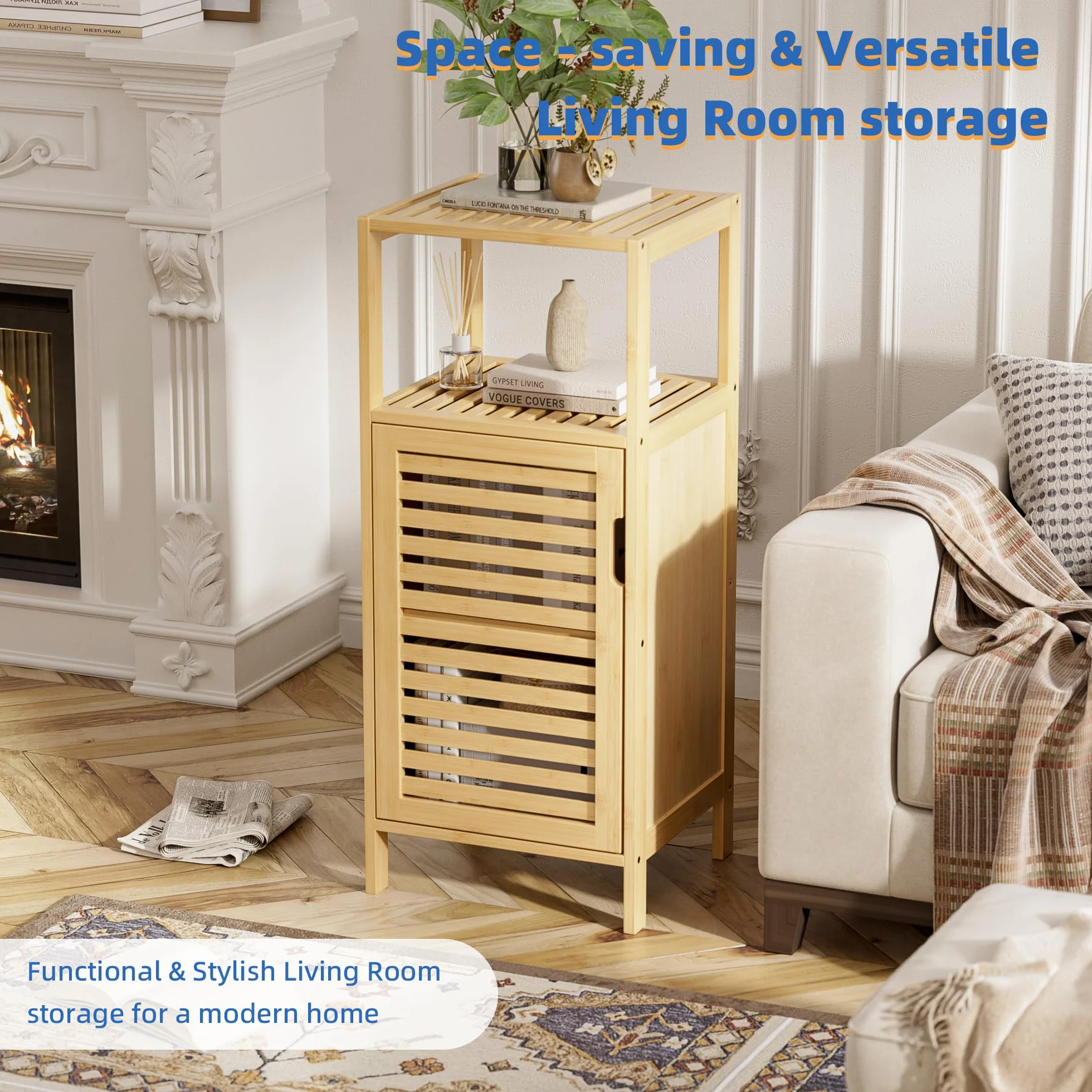 HITNET Mobile Bagno Piccolo, Mobiletto Bagno Basso da Terra, Armadietto da Pavimento in Bambu con Compartimento Aperto, adatto per Soggiorno, Cucina e Corridoio, Naturale