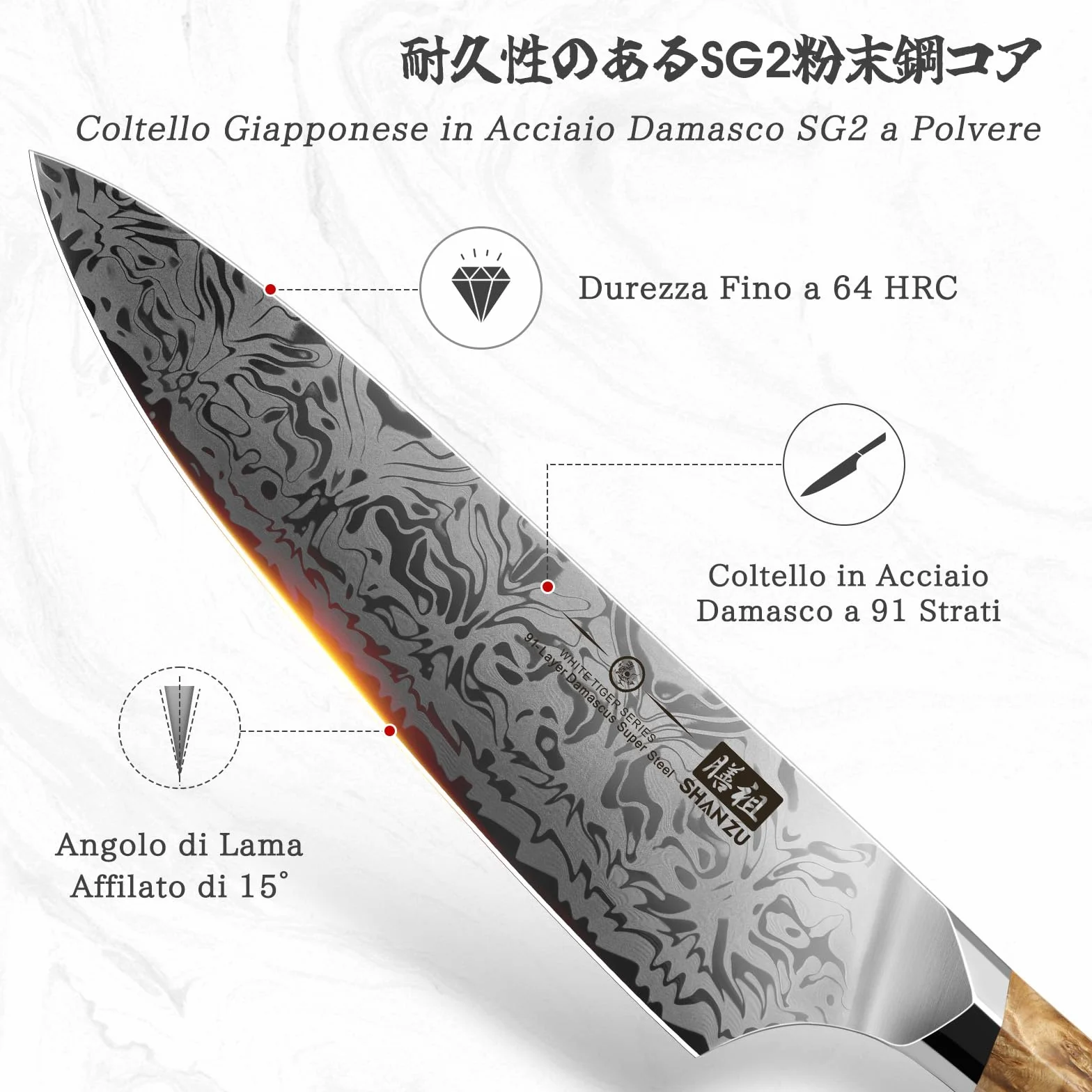 Coltelli da Cucina SHAN ZU Damasco 91 Strati, Coltello da Chef Giapponese in Acciaio SG2 20 cm, Forgiato a Mano con Manico in Acero
