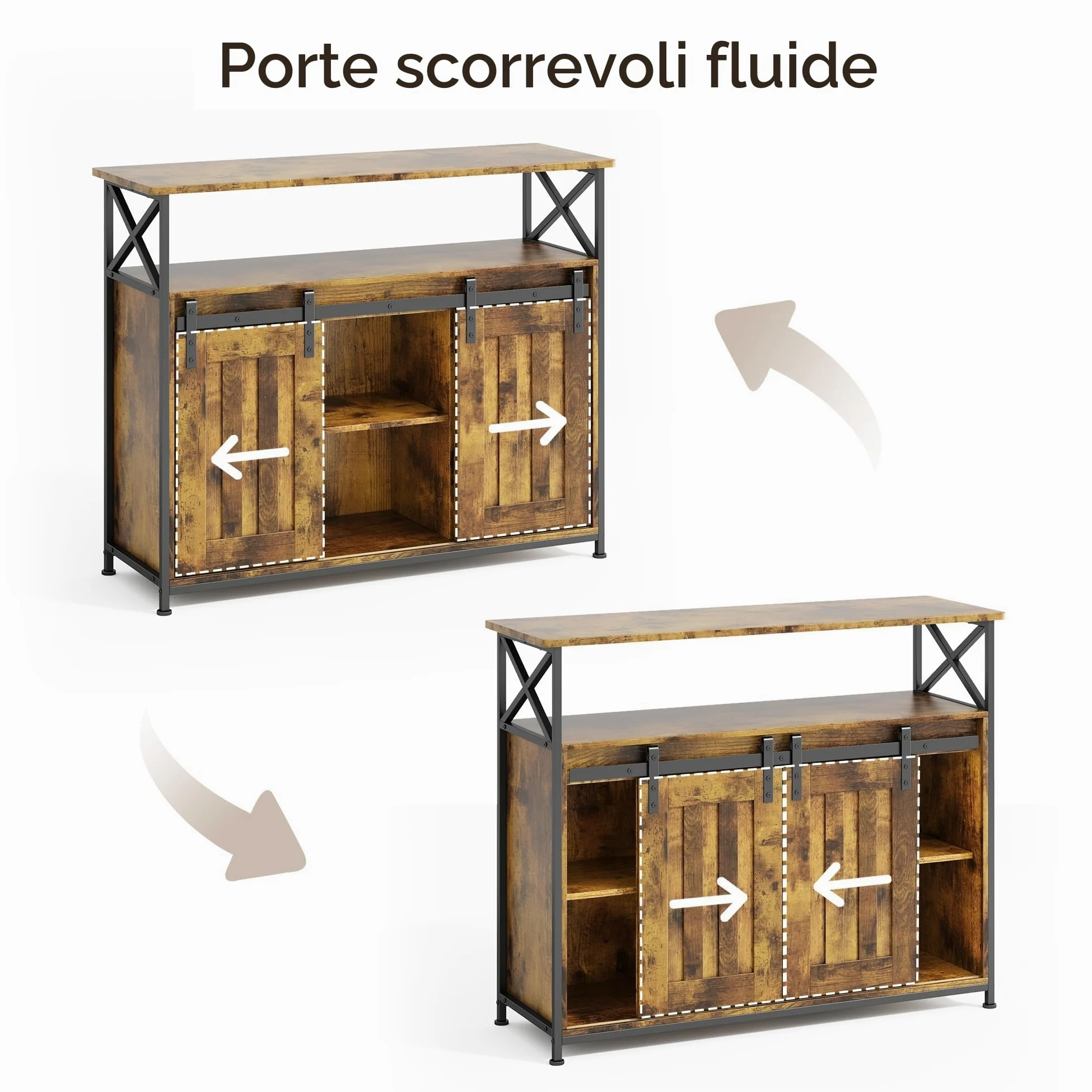Credenza per Soggiorno Stile Country, con 2 Ante Scorrevoli, Ripiani Regolabili, Mobile Organizzatore in Legno, 33 x 100 x 80 cm, Retro