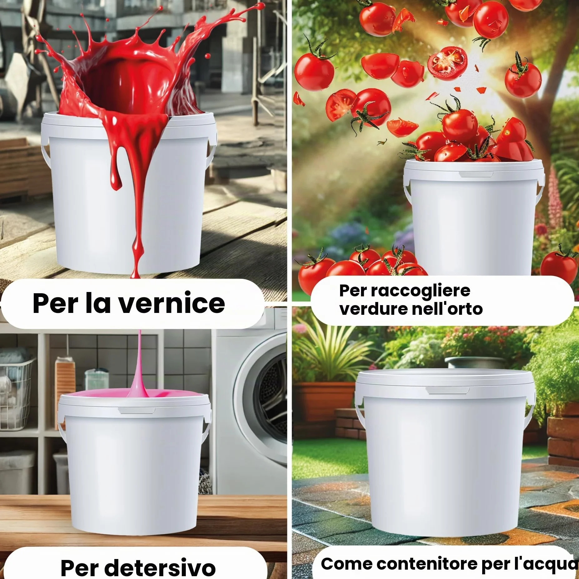POSH Secchio con coperchio, 10 l, bianco, in plastica, per alimenti, resistente alle perdite, inodore, robusto, ermetico, secchio con manico (3, 10 l)