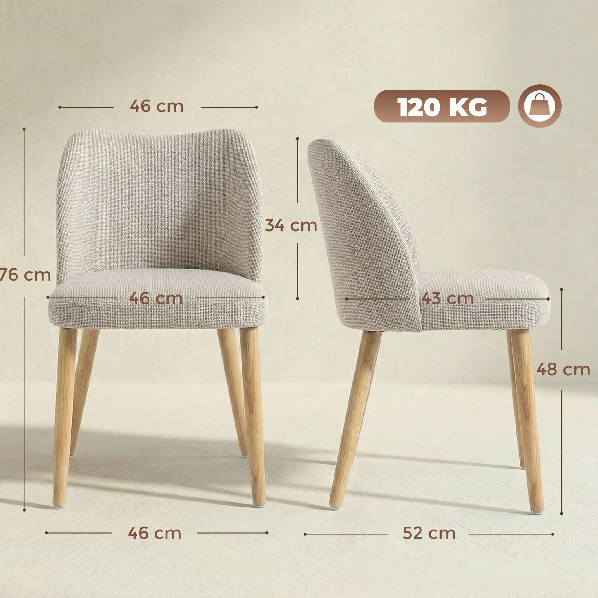 HOMCOM Set di 2 Sedie Sala da Pranzo in Tessuto Effetto Lino, Sedie Cucina Scandinave con Gambe in Legno di Caucciù, Schienale Curvo, Sedia Imbottita per Cucina, Camera da Letto, Soggiorno, Crema