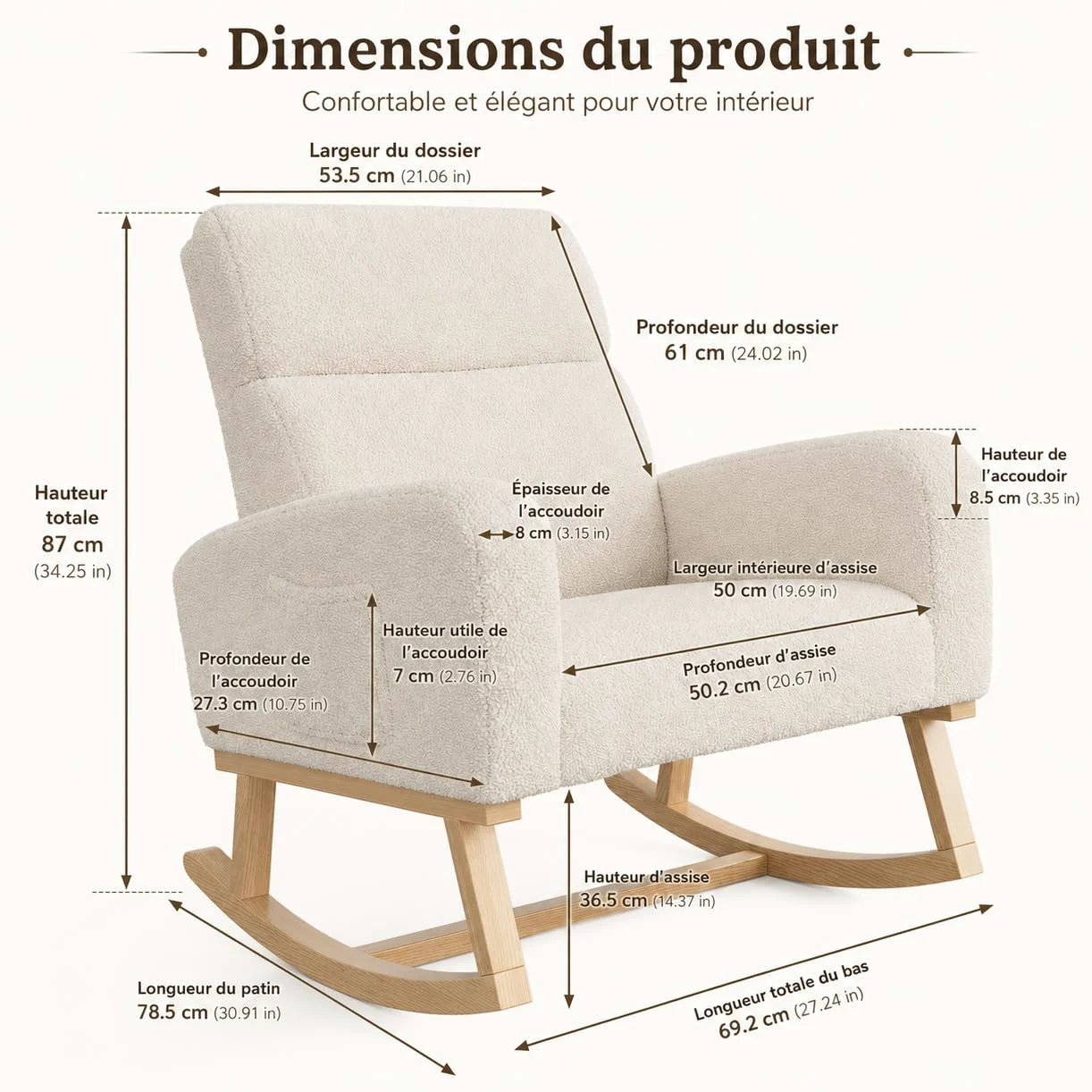 BRILVERDE Sedia a Dondolo, Poltrona Dondolo con Tasche Laterali Gambe in Legno massello, Allattamento al Seno, Sedia per Il Tempo Libero, Adatta per Soggiorno e Camera da Letto (Beige)