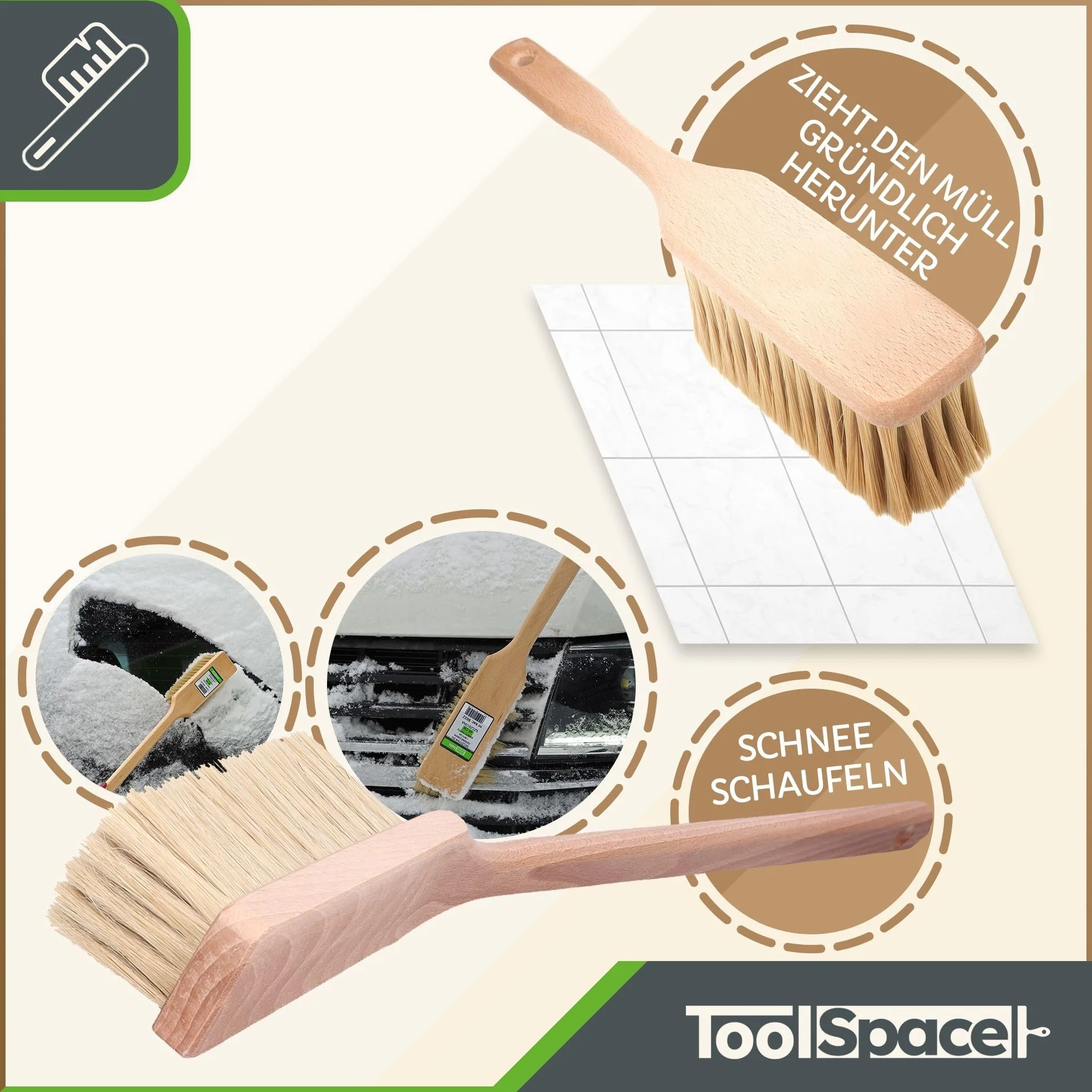 ToolSpace Spazzola in Legno per Sabbia 32 cm - Scopino con Manico Lungo per Camino Carbone Brace Barbecue