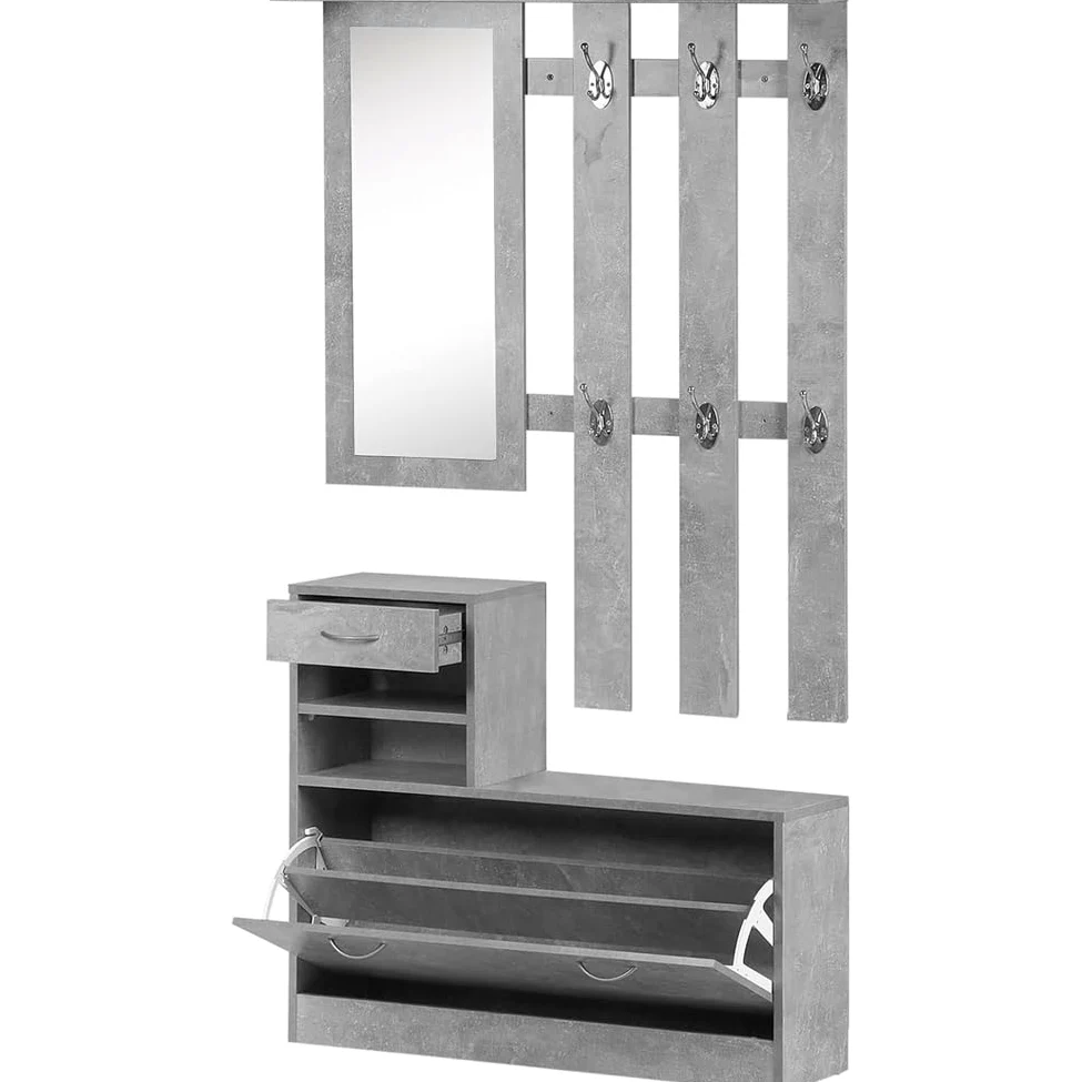 BAKAJI Set Mobili Ingresso Design Moderno con Scarpiera Panca Cassetto Specchio Rettangolare e Appendiabiti Attaccapanni 6 Ganci da Parete Casa Design Moderno in Legno (Grigio)