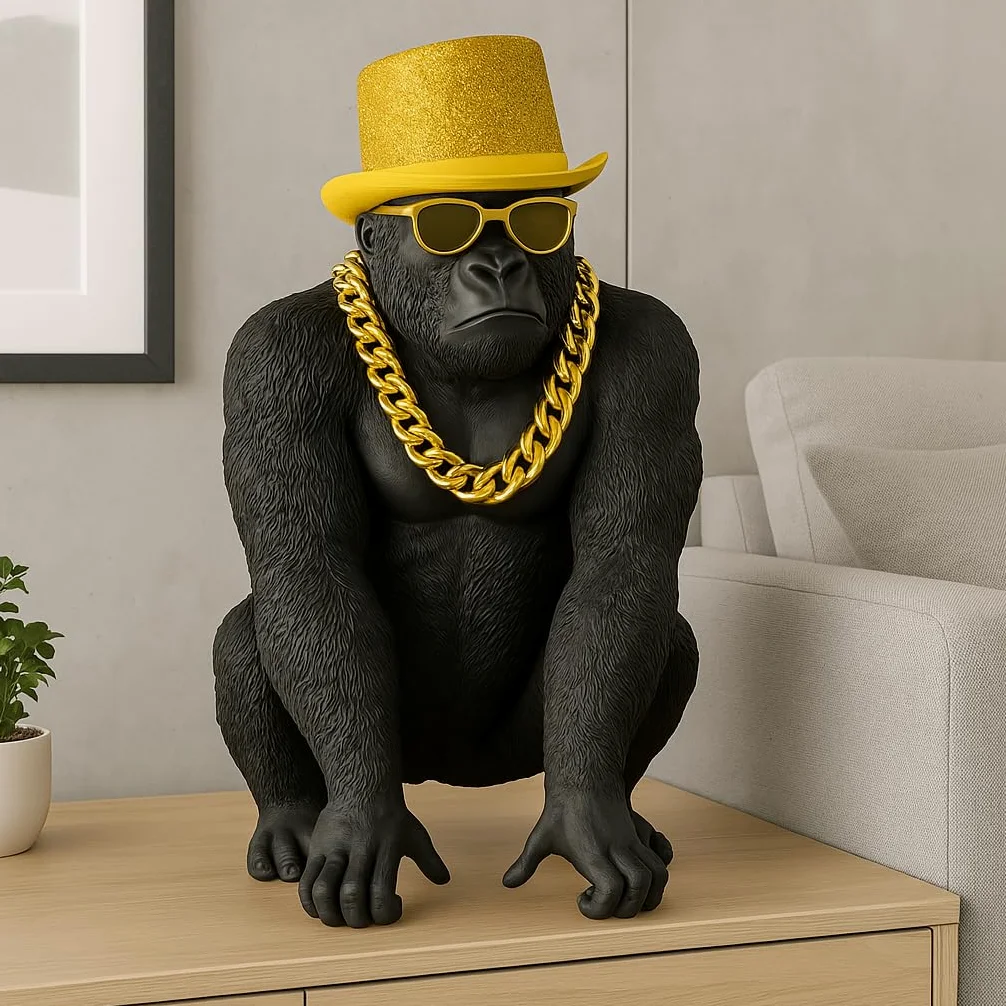 Bongo Gold – Statua Gorilla dorata di alta qualità, statuetta decorativa con occhiali e catena dorata – scultura di design XXL – creazione francese di eccezione per soggiorno ufficio