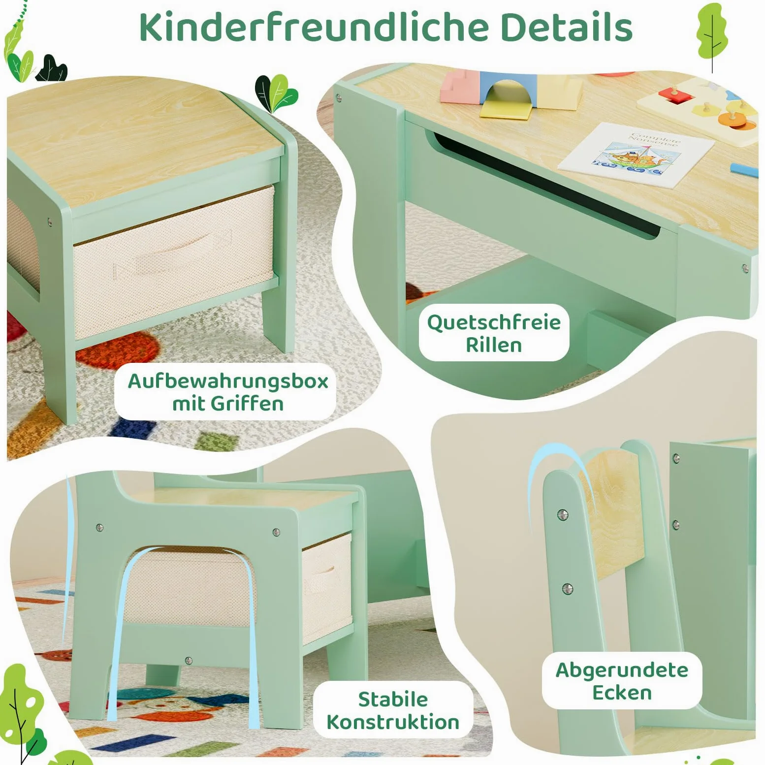 MAMIZO Tavolo per bambinicon 2 sedie, 3 in 1 Set tavolo e sedie, Mobili in legno per bambini con contenitori e librerie, Tavolo da gioco e attività, Tavolo da disegno, 3-7 ann (Verde)