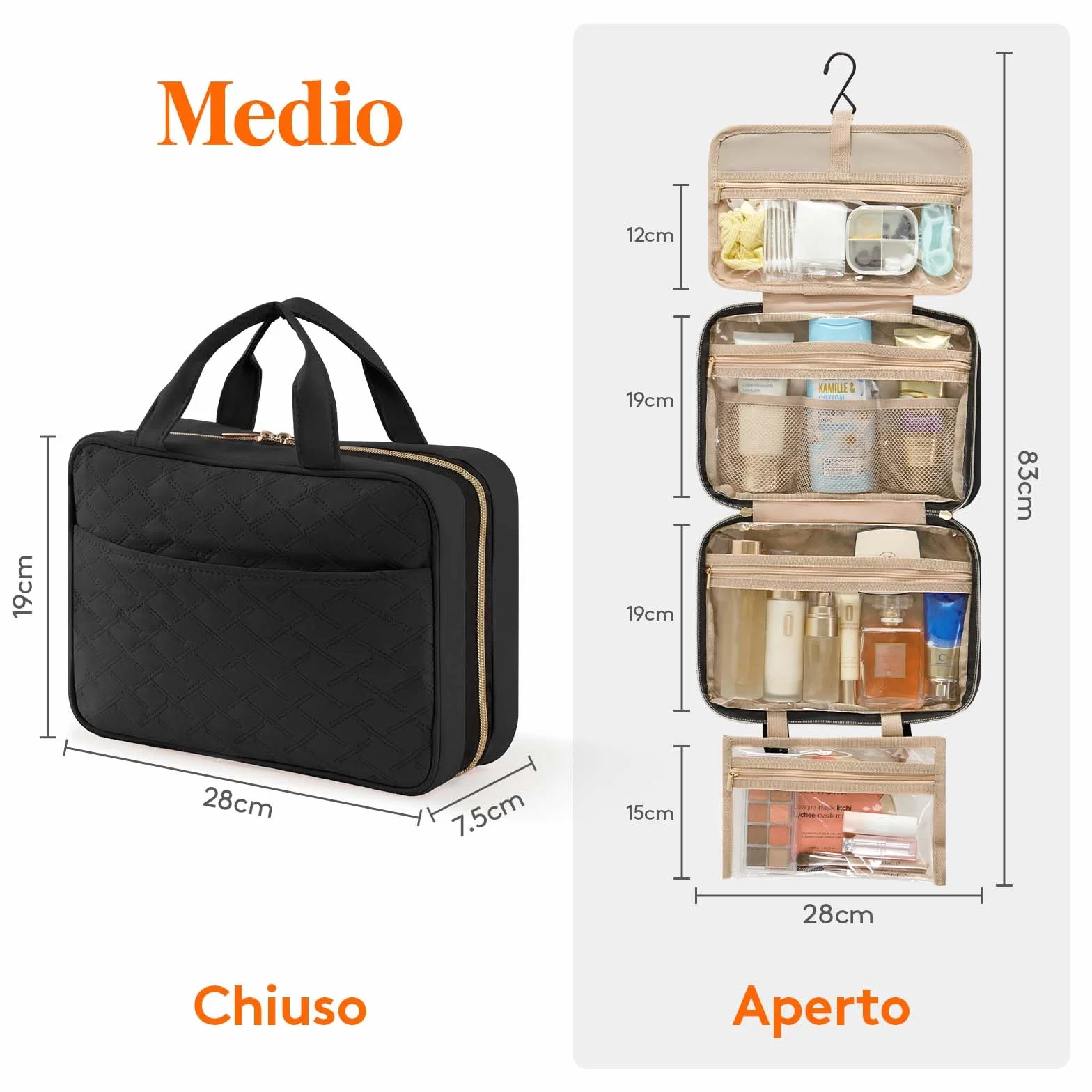 Lifewit Beauty Case da Viaggio Donna, Grande Trousse Trucchi Appendere, 4 Scomparti Trasparenti, Nero