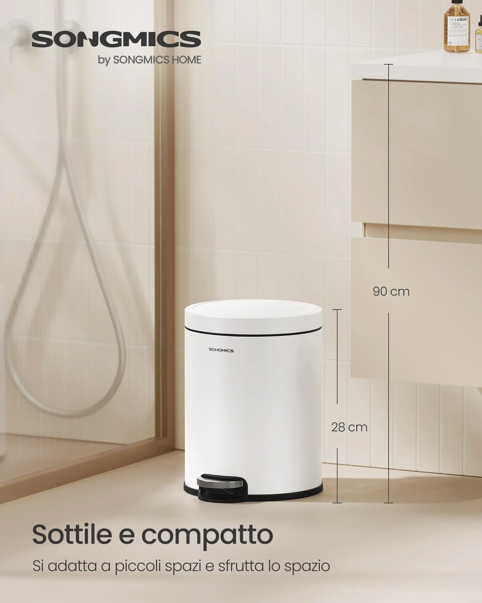SONGMICS Cestino da Bagno a Pedale 6 L Acciaio Coperchio Chiusura Morbida Secchio Interno Bianco Nuvola