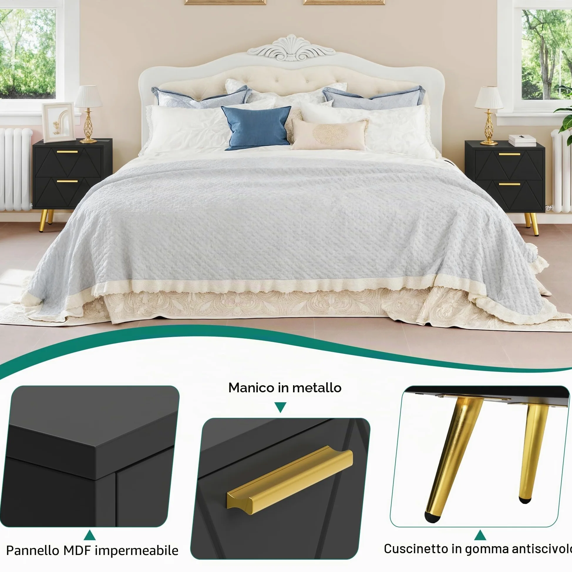 YITAHOME Set di 2 comodini con 2 cassetti, piccolo comodino con contenitore, comodino per soggiorno, camera da letto, ufficio, nero e oro, 40 x 30 x 52 cm, nero e oro