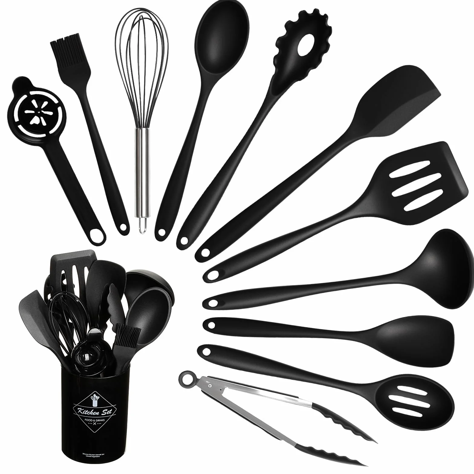 VINATO Set di Utensili da Cucina in Silicone, 12 Pezzi, Senza BPA, Nero